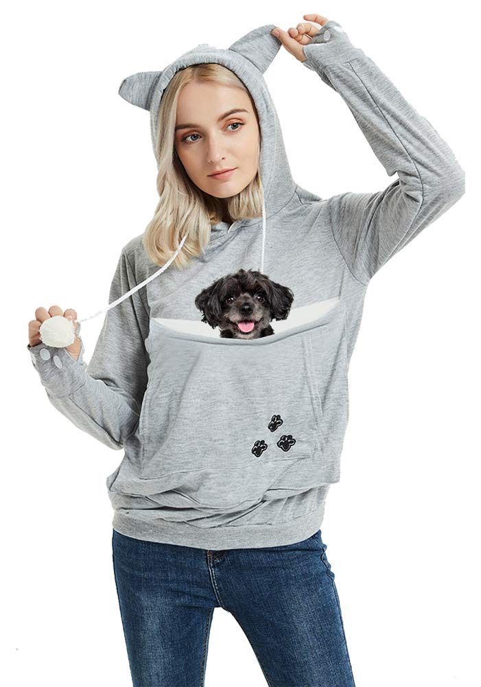 Felyong Unisex Pet Carrier Hoodie Cat Dog Pouch Holder Sweatshirt Shirt Top XL Light Grey