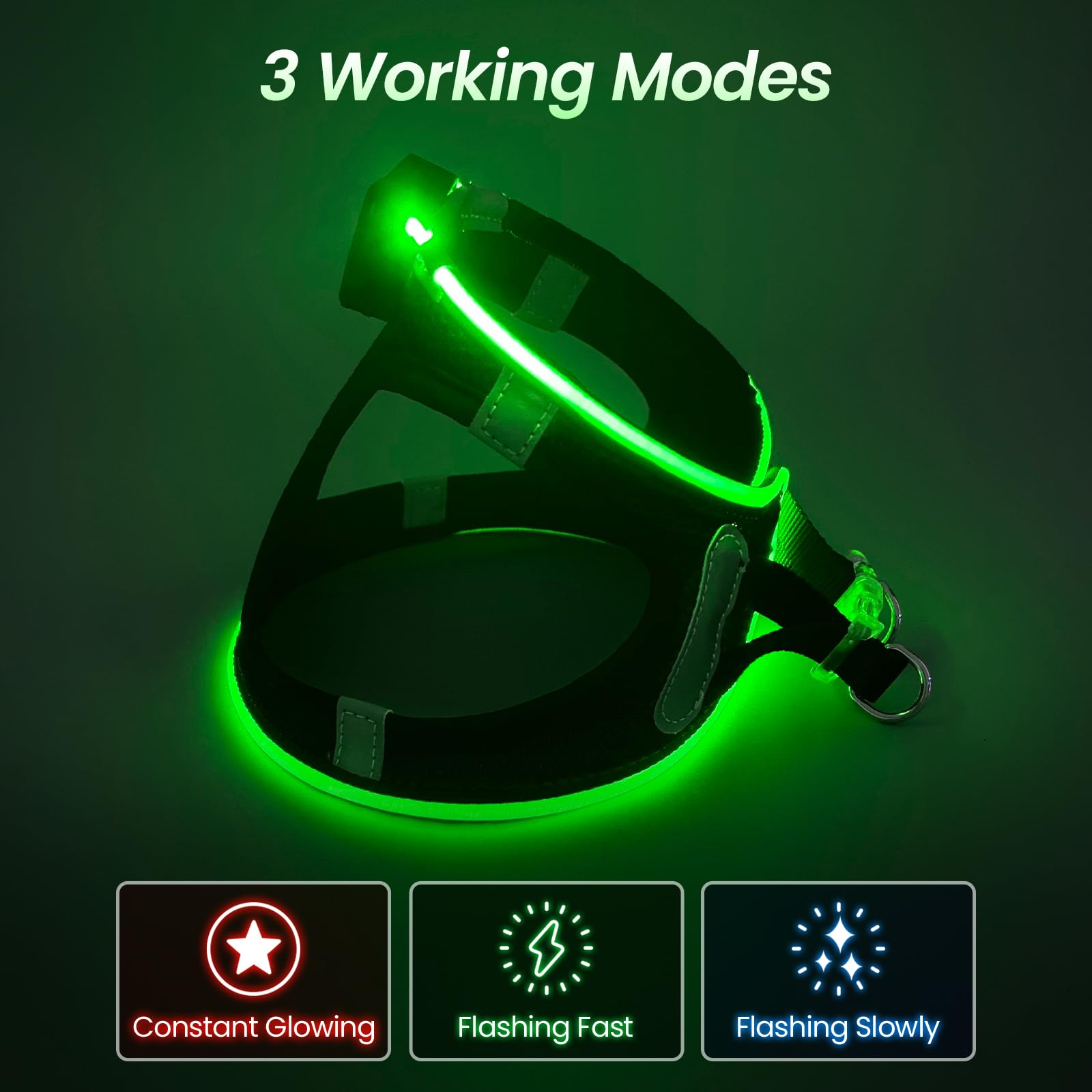 Pceotllar Light Up Dog Harness, Led Dog Harness For Small Medium Dogs, For Night Walking (Black Green,M)