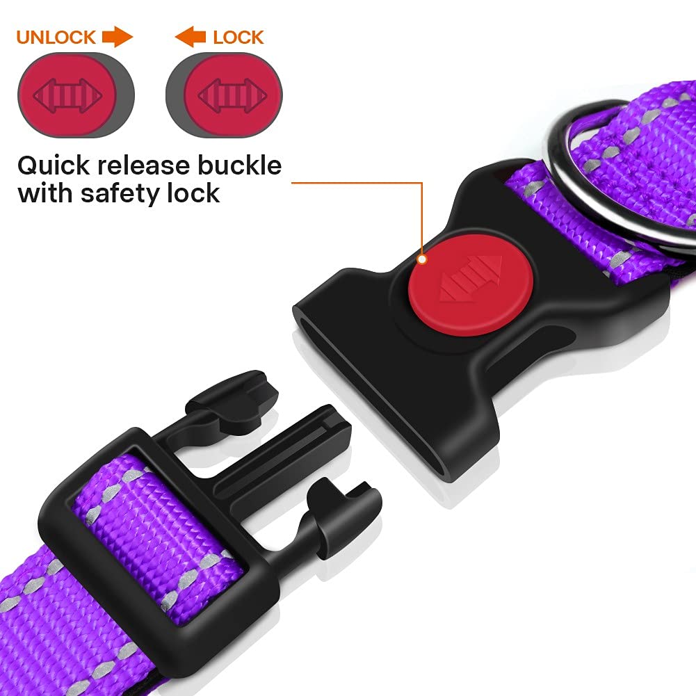 Taglory Reflective Dog Collar With Safety Locking Buckle, Adjustable Nylon Pet Collars For Extra Large Dogs Female Male, Purple,