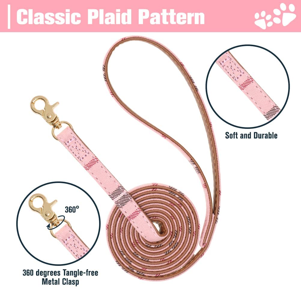 Expawlorer Dog Collar And Leash Set - Embroidery Pawprints Plaid Dog Collar And Dog Leash Set, Bow Tie And Bandana Dog Collar, A