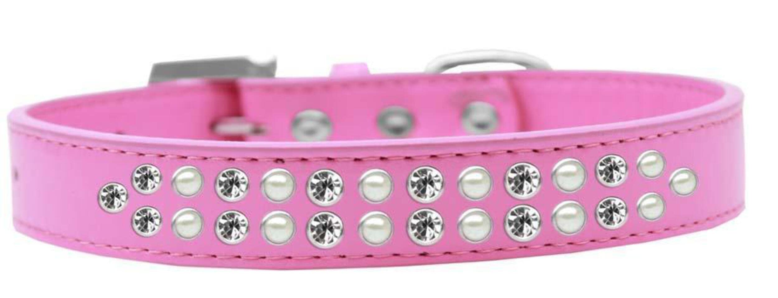 Mirage Pet Products Two Row Pearl and Clear Crystal Red Dog Collar, Size 16