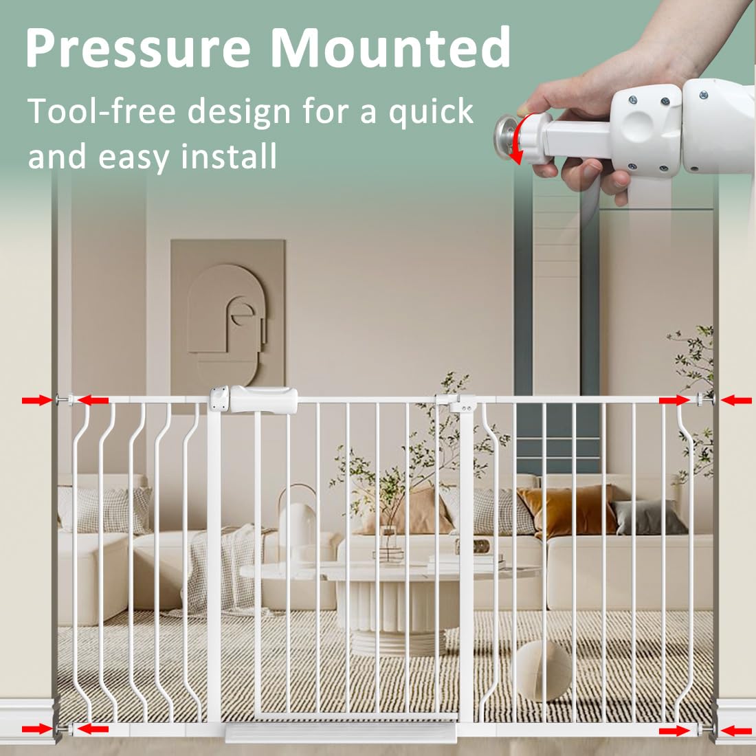 Walk Through Baby Gate With Door, 38.5-43.3 Inch Wide Presure Mounted No Drill Metal Child Gate For Stair Doorway - Indoor Outdoor Safty Gate For Toddler Dog Doggie, White Standing 37.8 Inches Tall