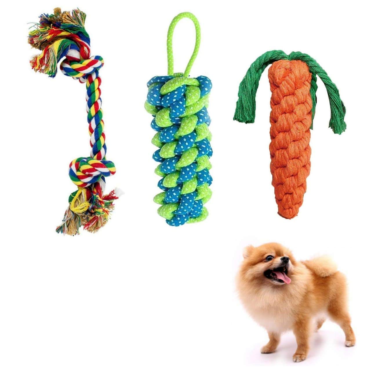 Psk Pet Mart Cotton Made 2 Knotted Carrot Rope Toys | 1 Handle Rope Cotton Ball Toys For Dogs & Puppies (Combo Of 3) (Colour May