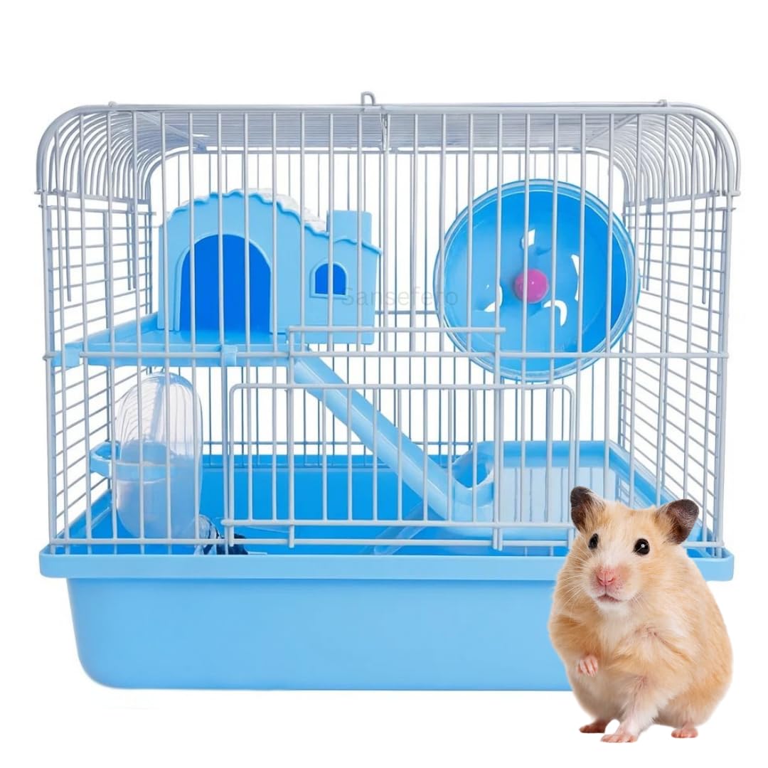Sansefero 2-Tier Portable Travel Cage For Small Animals - Double Storey Dwarf Hamster Travel Carrier With Exercise Wheel, Slide 
