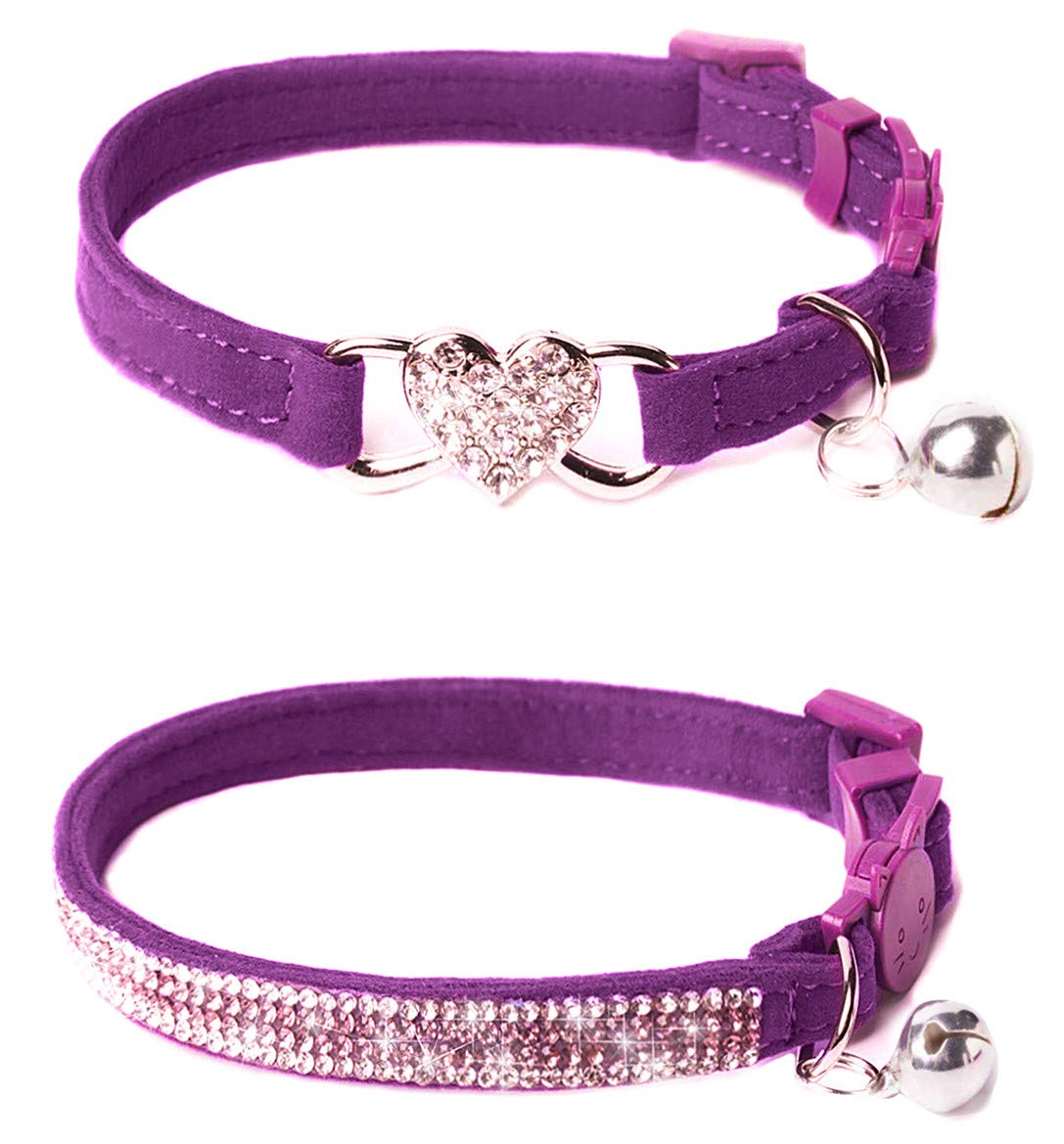 Boombone Rhinestone Cat Breakaway Collar Pack Of 2 Purple Kitten Collars With Bell
