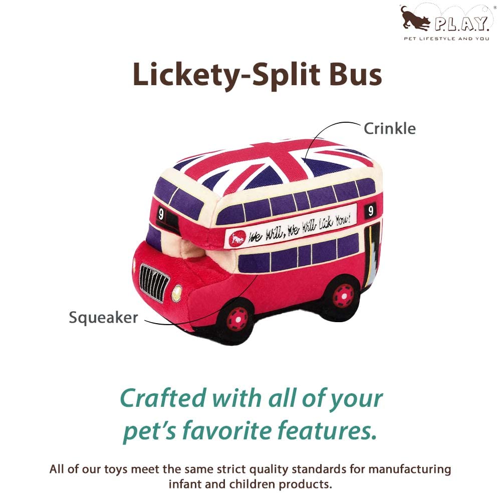 P.L.A.Y. Cute Plush Dog Toy - Travel Themed Squeaker, Durable, Machine Washable, Recycled Materials, Lickety-Split Bus, Size Gepast