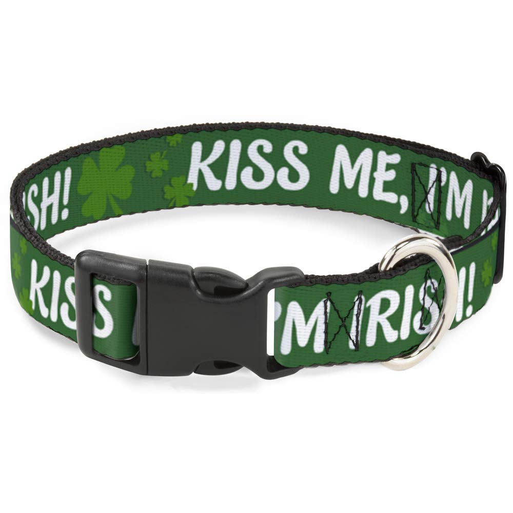 Buckle-Down Plastic Clip Collar - Kiss Me, I'M Irish! Clovers Green/White - 1/2' Wide - Fits 8-12' Neck - Medium