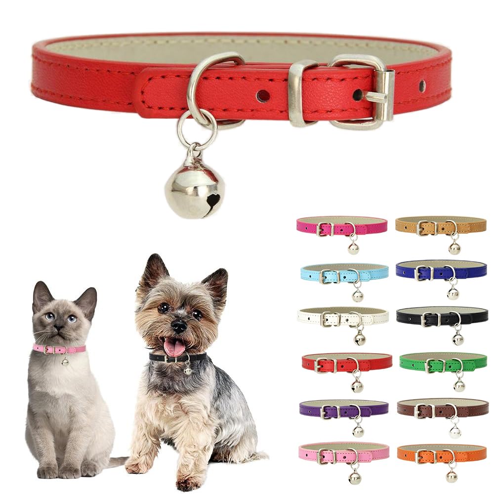 Red Xs Dog Collar With Bell,Soft Pu Leather Female Puppy Collar With Bells Basic Girls Cat Collar With Bells For Xxs Xsmall Smal