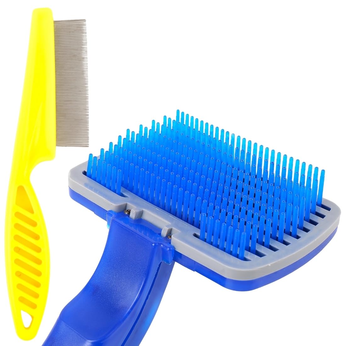 Professional SelfCleaning Dog Grooming Brush With Metal Flea Comb, Blue And Yellow, Pet Hair Removal Tool For Dogs(Pack Of 2)
