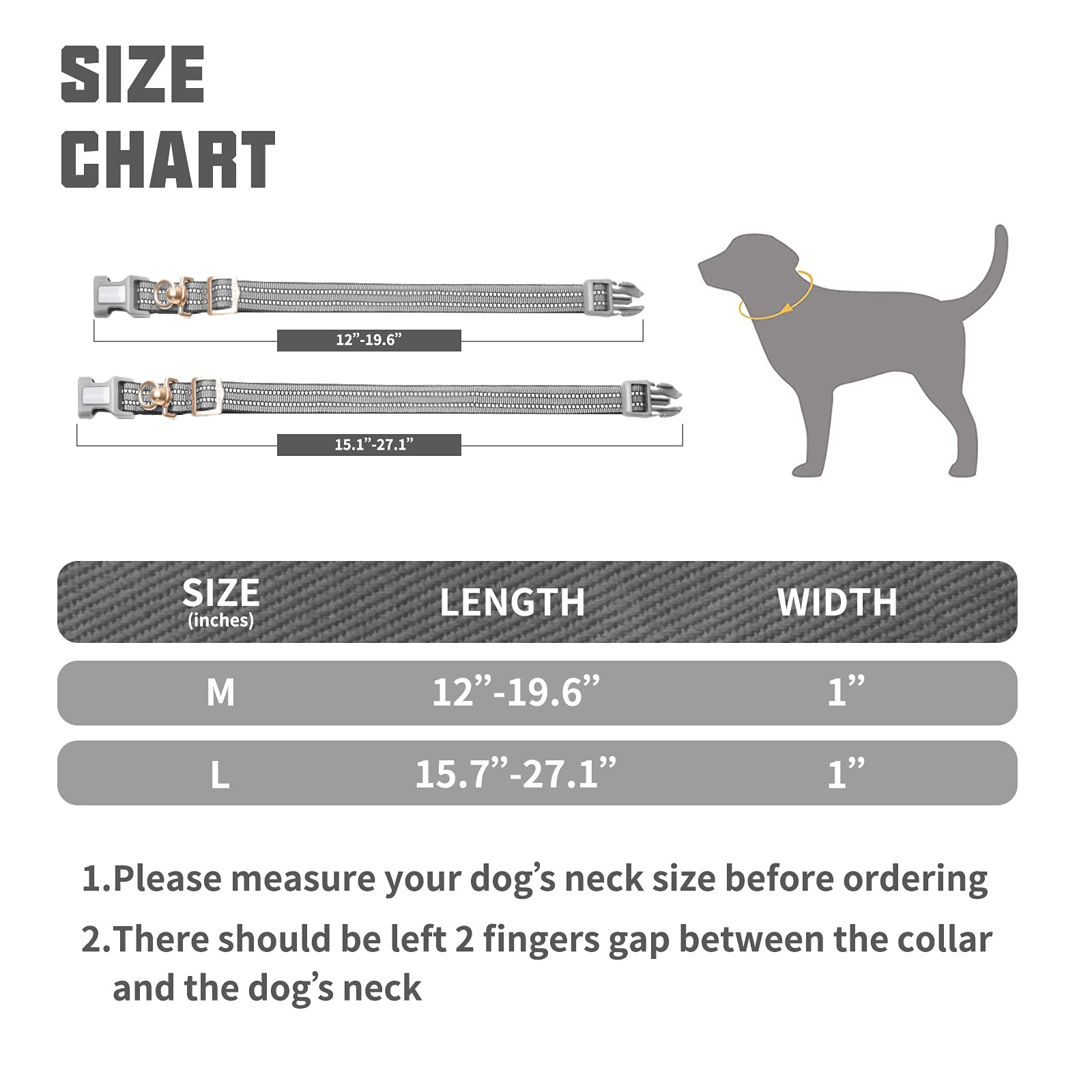 Auroth Dog Collar For Medium Large Dogs, Reflective Dog Collar, Soft Nylon Adjustable Dog Collars With Heavy Duty Metal D Ring Tangle Free (Medium:12'-19.6', Grey)
