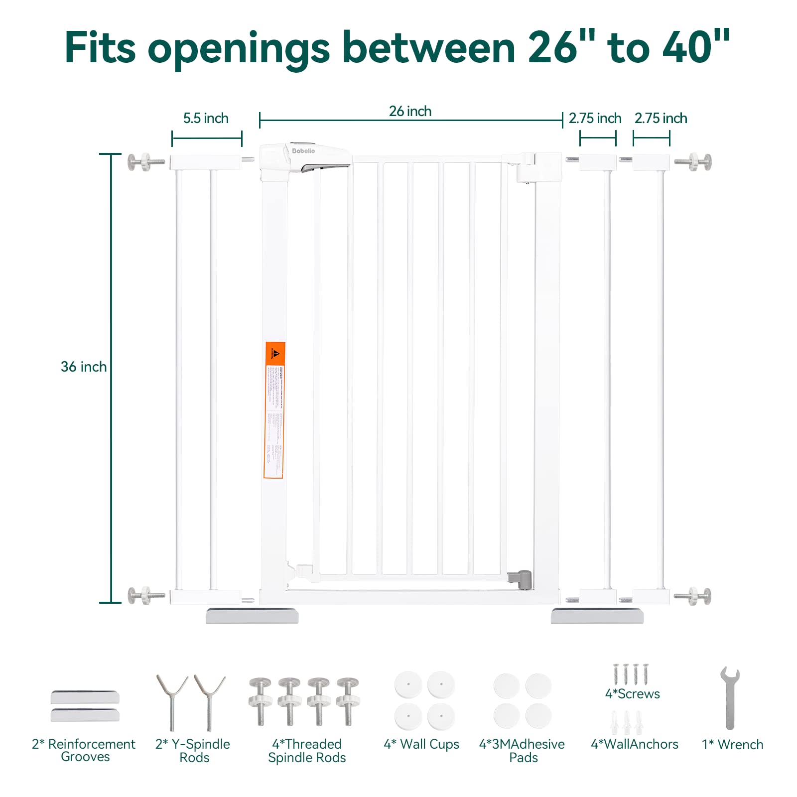 BABELIO 36" Extra Tall Dog Gate - Pressure Mounted, 26-40" Wide, Metal, Easy Install, White, Model CB-M-101