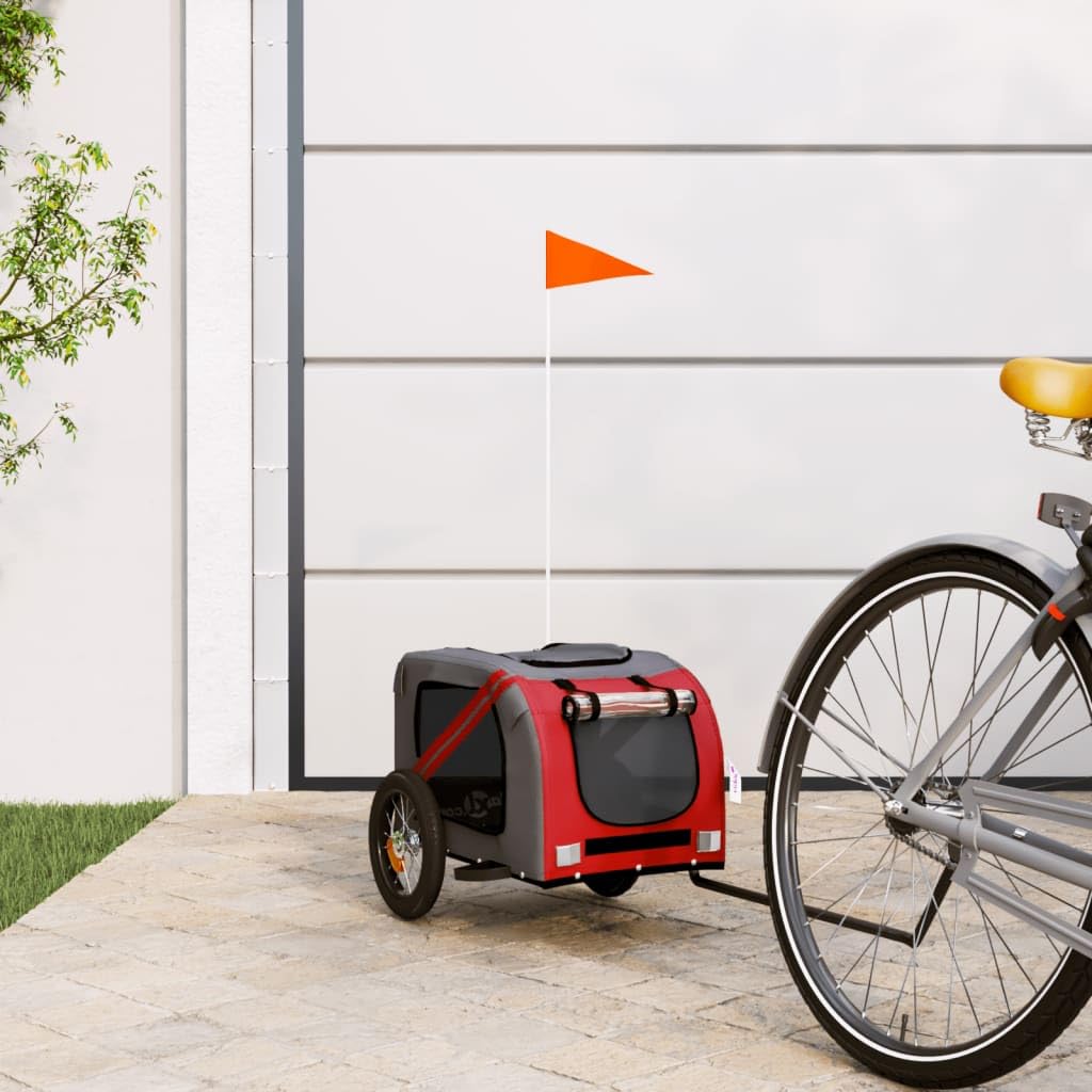 vidaXL Pet Bike Trailer for Small Dogs, Red/Grey - Oxford Fabric Cargo Carrier with Iron Frame, PVC Cover, Air Vents, Reflectors, & Safety Flag, 48.8x20.9x20.9 in
