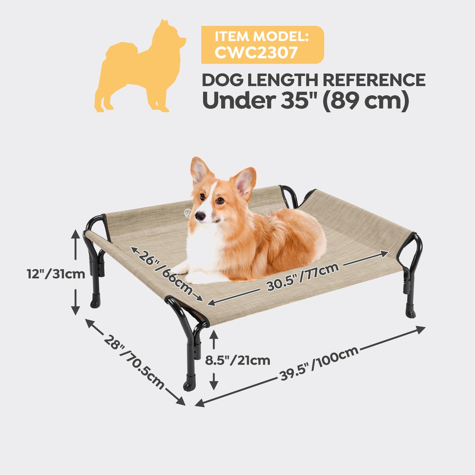 Veehoo Medium Elevated Dog Bed, Guardrail, Non-Slip, Teslin Mesh, 35''L X 26''W X 11''H, Beige Coffee