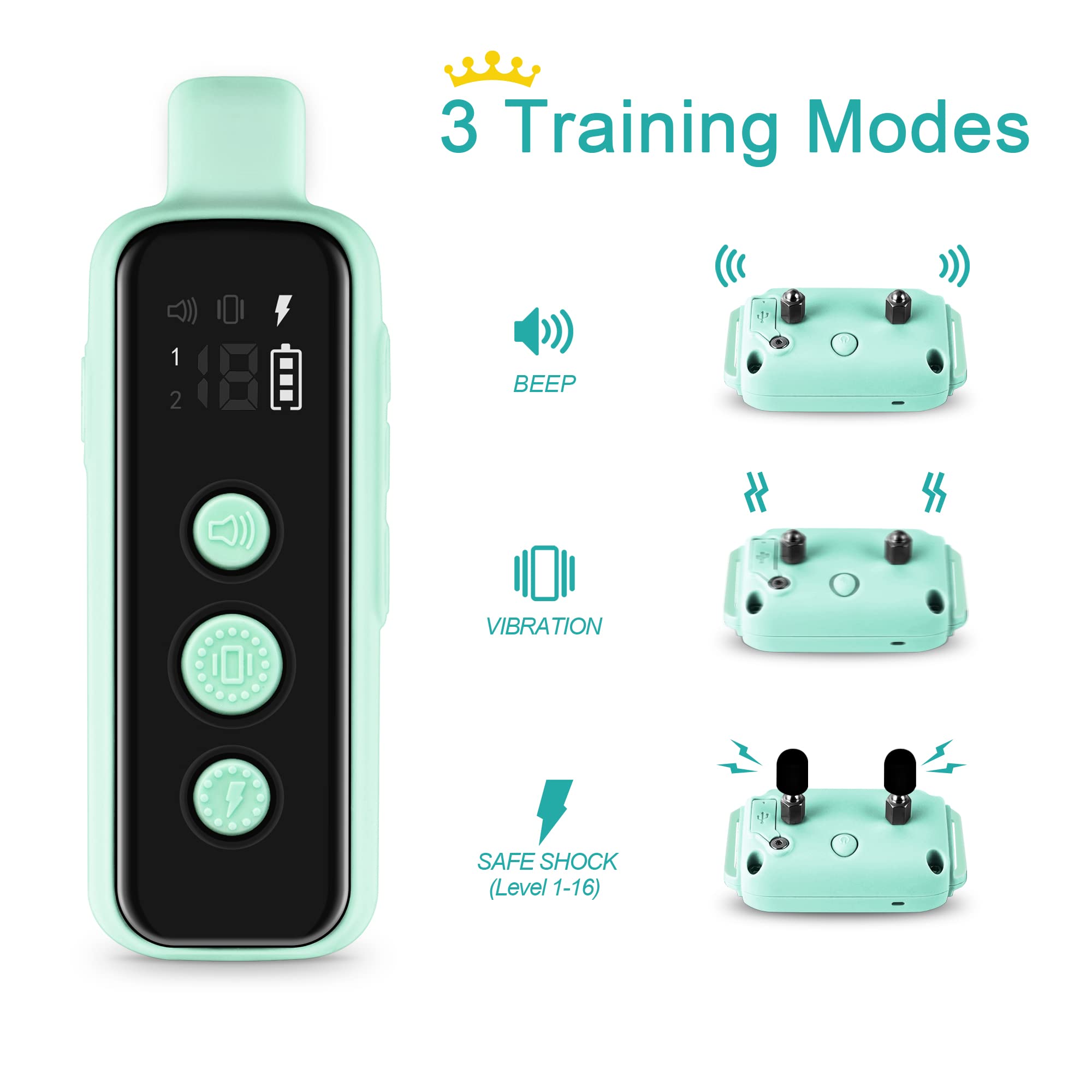 BOUSNIC Dog Training Collar - Waterproof Rechargeable Electric Shock Collar with Remote, Beep, Vibration Modes, 8-120 lbs, Green, Model P Collar650A