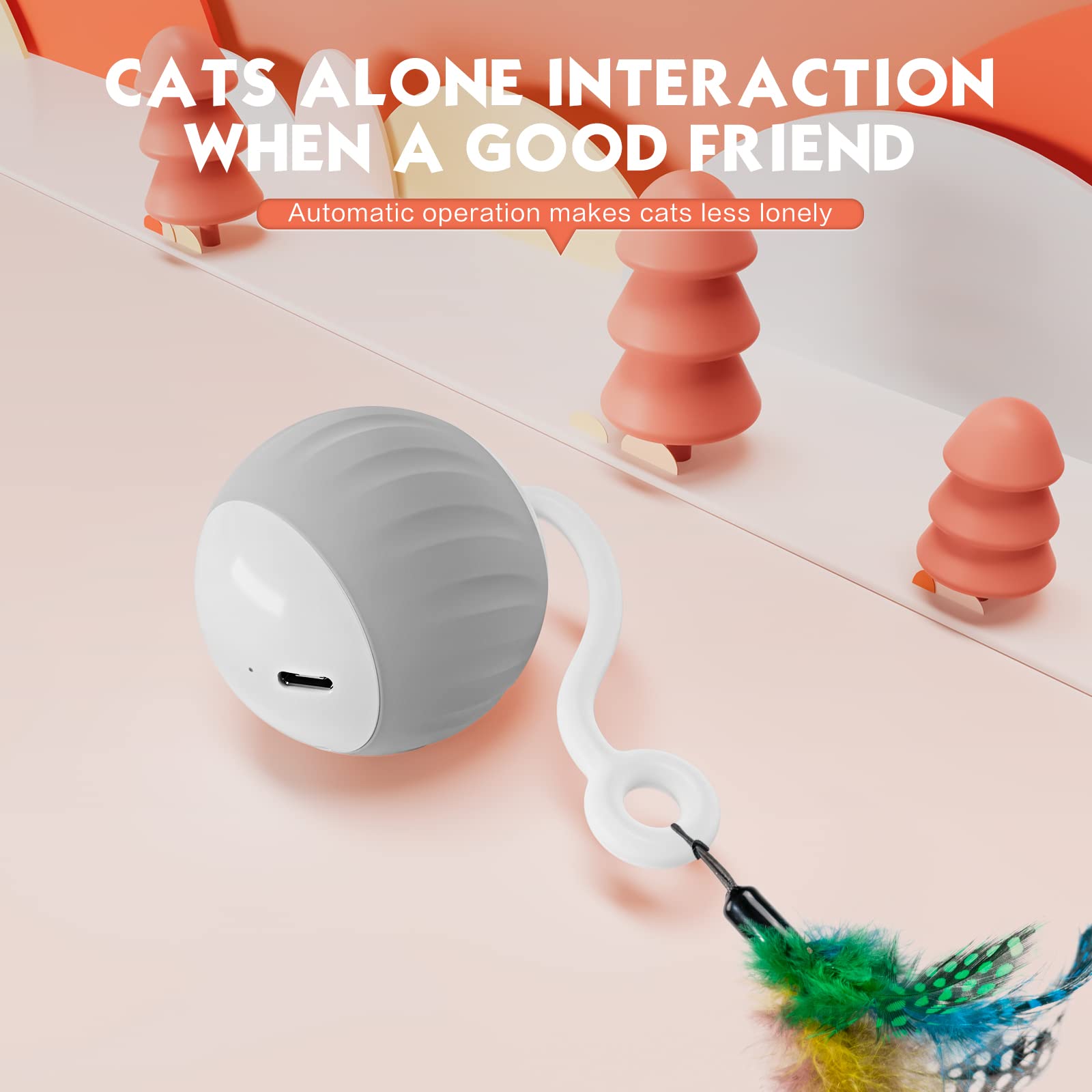 AAA AMUSANG Interactive Cat Ball Toy - USB Rechargeable, LED Lights, Grey, Medium, ABS & Silicone, Sound Activated, 2 Speeds for Cats