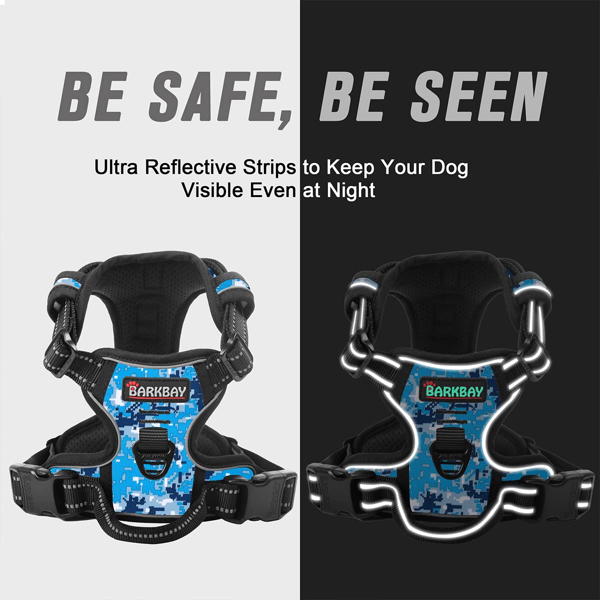 Barkbay No Pull Dog Harness Front Clip Heavy Duty Reflective Easy Control Handle For Large Dog Walking(Blue Camo,S)