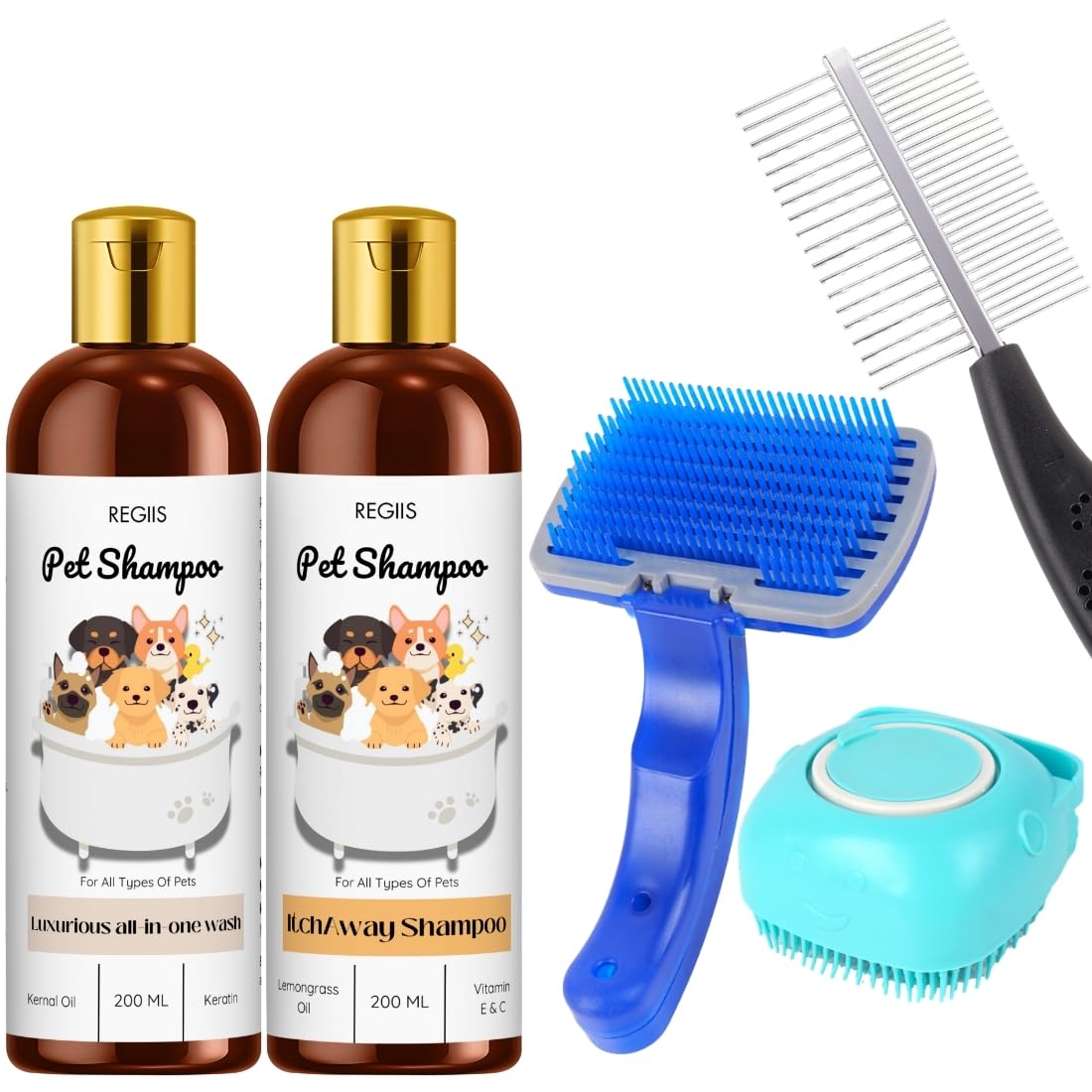 REGIIS Pet Grooming Kit with Shampoo, Brushes and Comb for Dogs, AllinOne Wash Set(5 PACK)