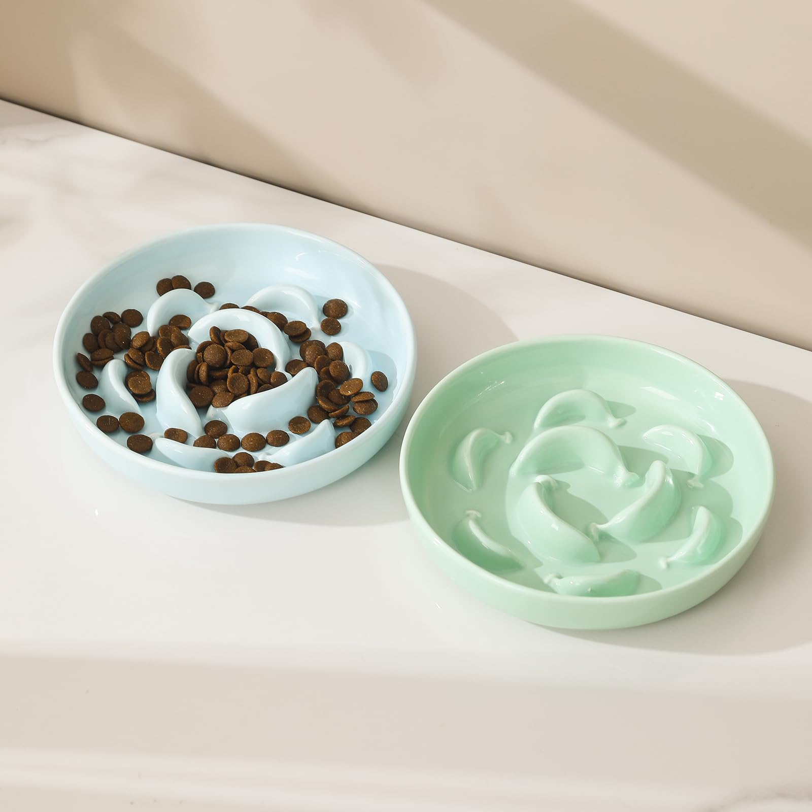 Ceramic Cat Slow Feeder Bowl - Pastel Series Slow Feeding Cat Bowl - Cute Maze Cat Food Plate for Healthy Eating - Fun Cat Puzzl