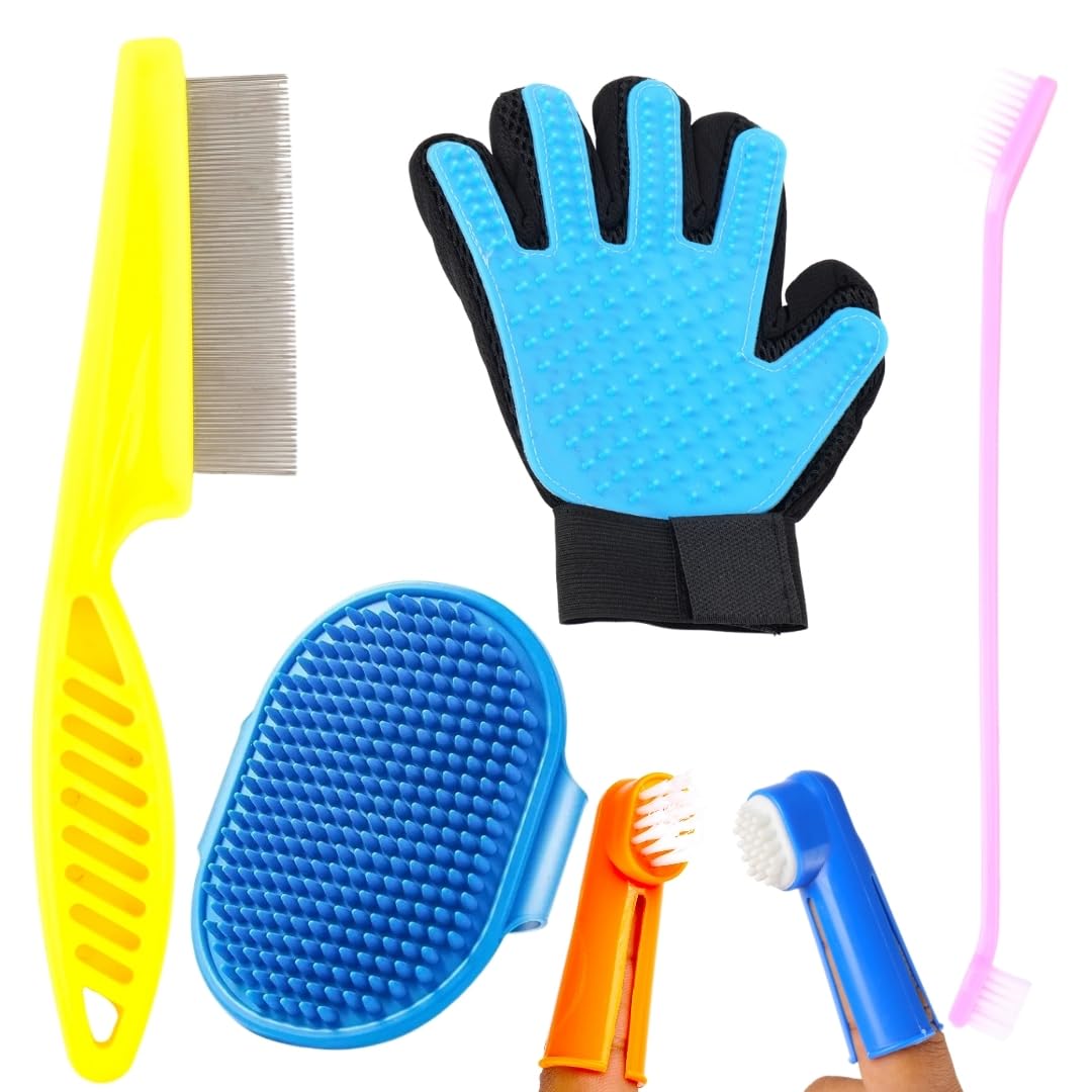 Pet Grooming Kit With Deshedding Glove, Metal Comb, Massage Brush, Finger Toothbrush Set, Blue, Yellow, Orange, 4 Piece