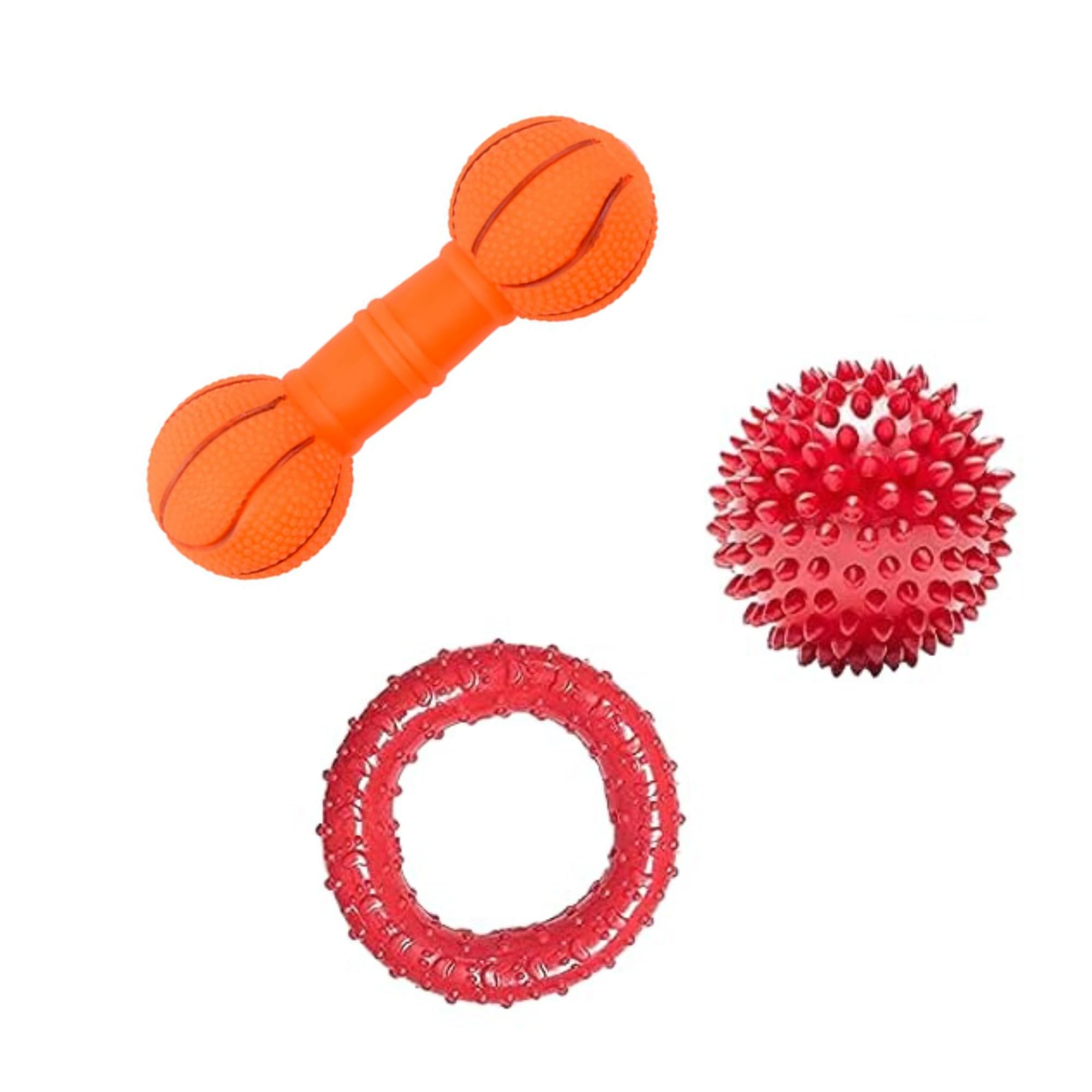 Kittupet Dog Chew Toys, Squeaky + Rubber Chew Toy Combo + Barbell Squeaky + Rubber Chew Ring + Spike Ball Suitable For Small, Me