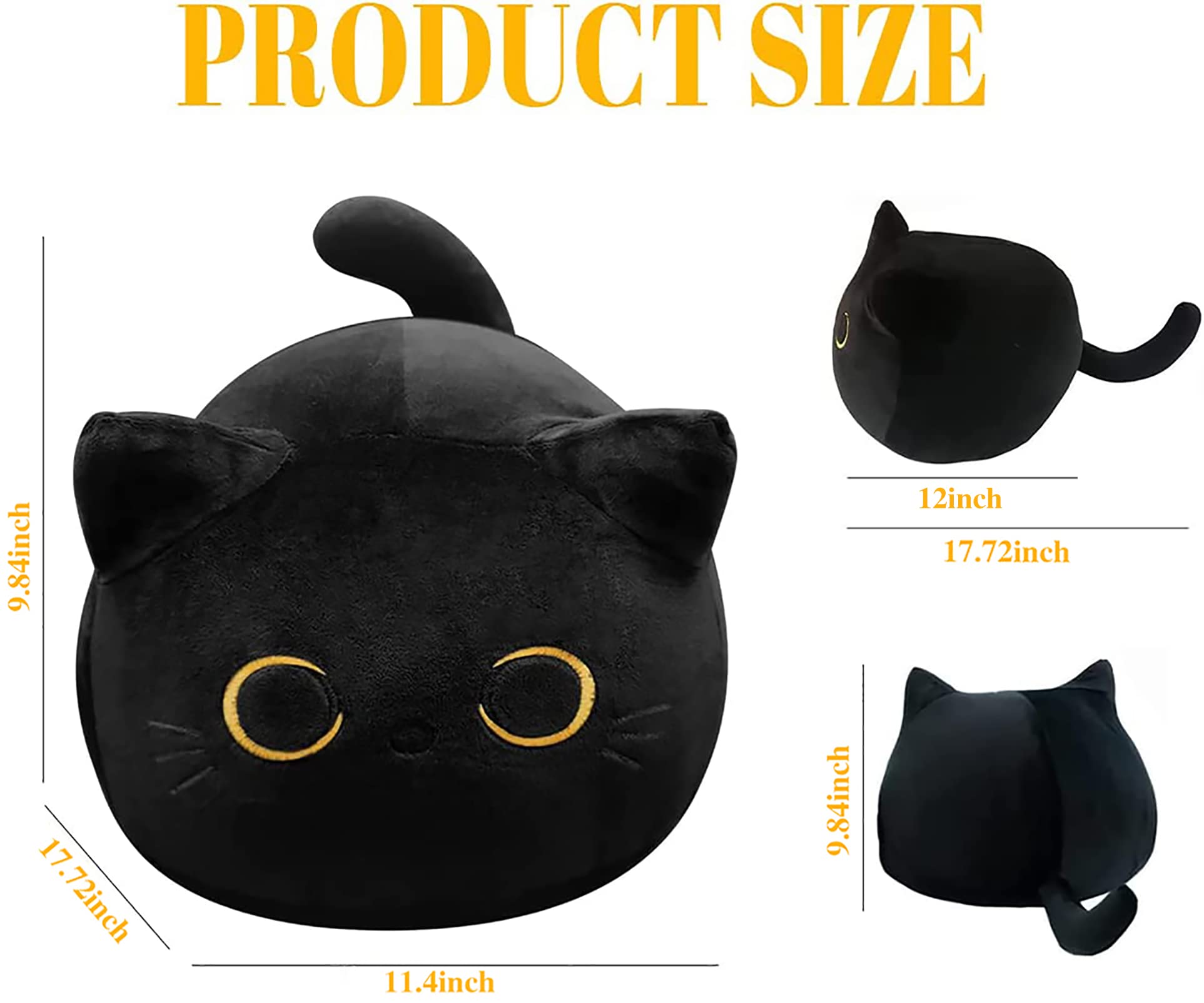 Chnbf 3D Black Cat Plush Toy, 17.7'' Black Cat Pillow, Animal Soft Plush Pillow Baby Plush Toy Cat Shape Design Cute Cat Waist C