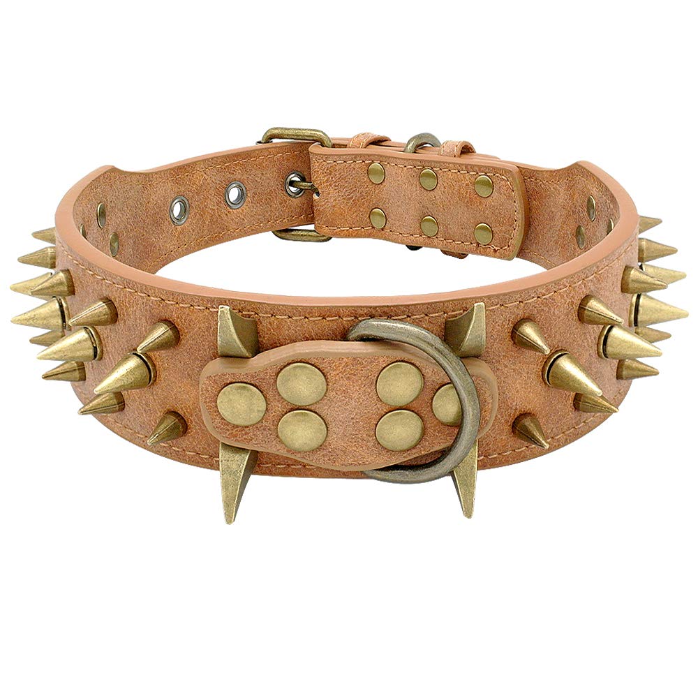 Berry Pet 2' Spiked Leather Dog Collar - Anti-Bite Sharp Rivet Studded For Pit Bull Medium Large Dogs,Brown Neck For 18.5-23.5' Total Length 25.5'
