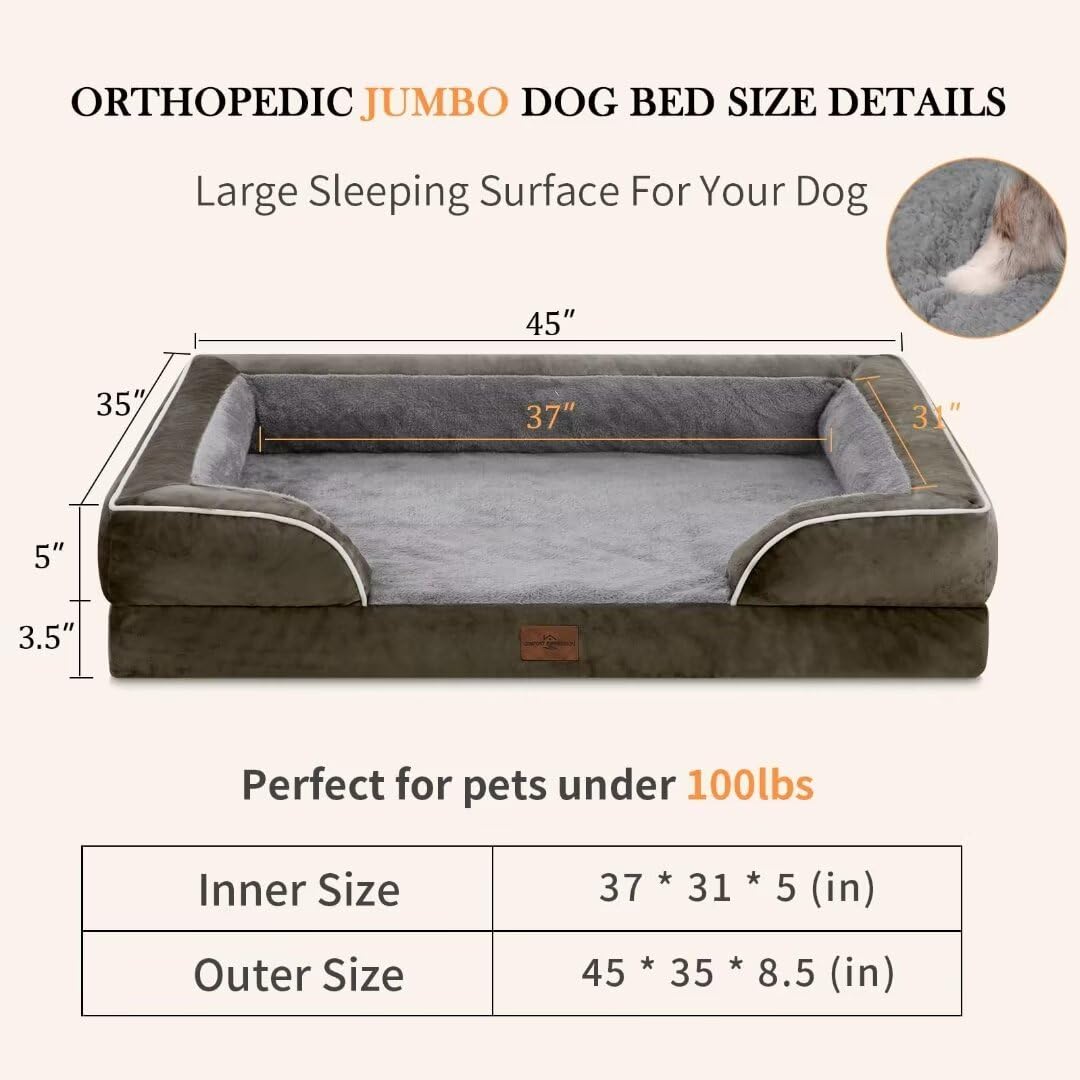 Comfort Expression Jumbo Breed Dog Bed, Jumbo Dog Bed For Extra Large Dogs, Waterproof Orthopedic Dog Bed, Pv Washable Dog Sofa Bed With Removable Cover & Non-Slip Bottom(Jumbo,Dark Green)