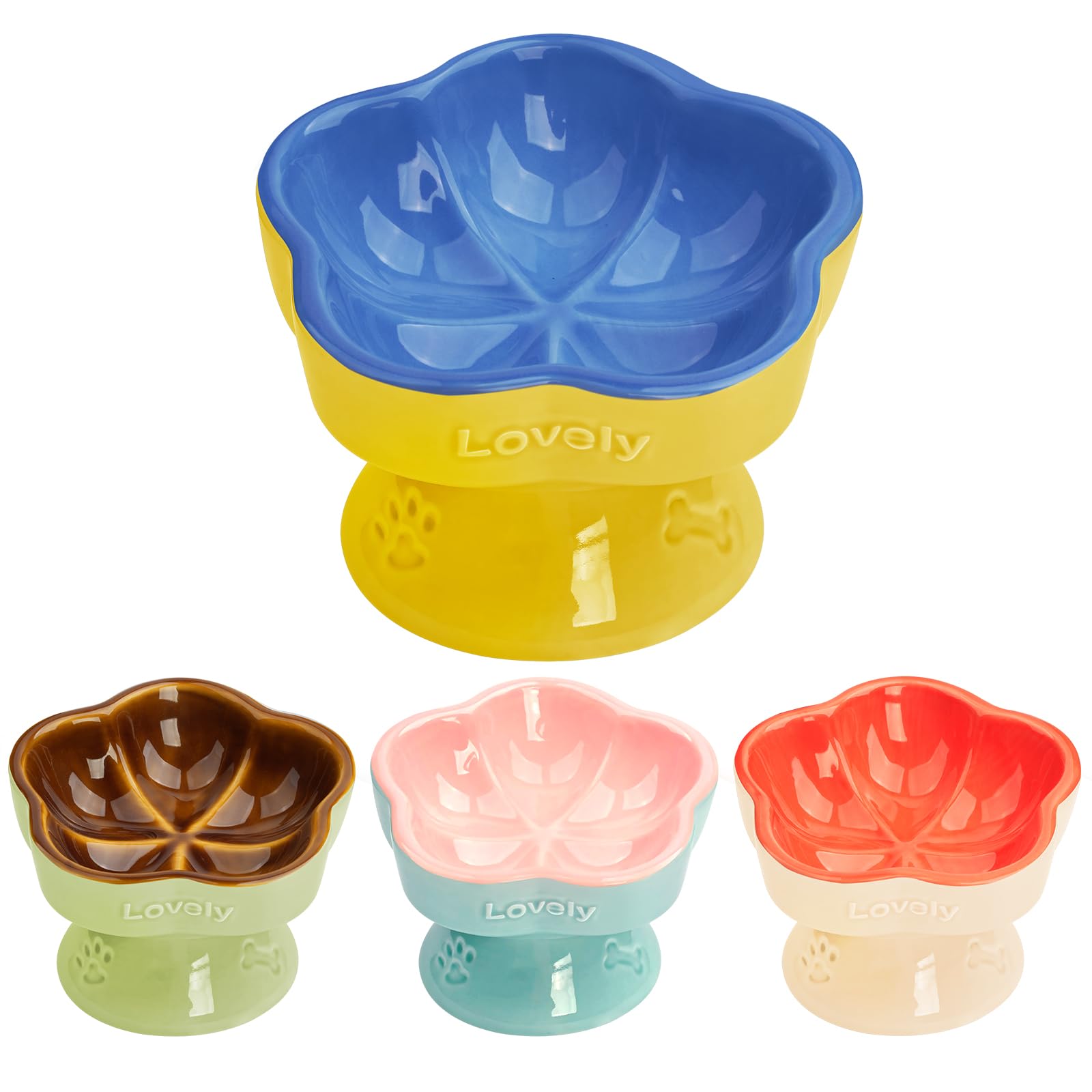 S&Qs CERAMICS Raised Cat Bowl, Elevated Cat Bowl for Food and Water, Ceramic Titled Dish, Anti Vomit & Whisker Friendly, Microw