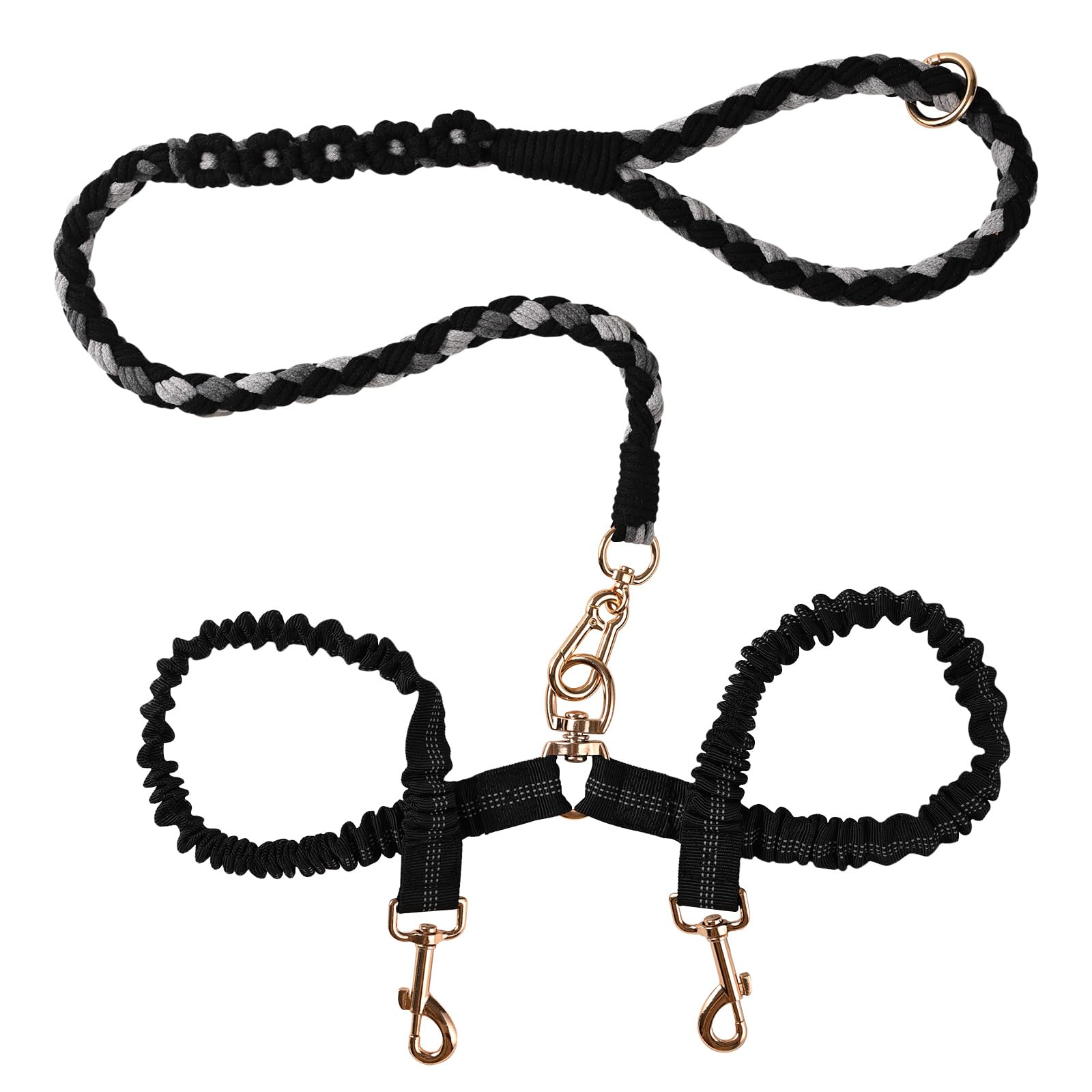 Dual Dog Leash,Double Dog 360 Swivel No Tangle Walking Leash,Comfortable Shock Absorbing Reflective Bungee For Two Dogs(Black)
