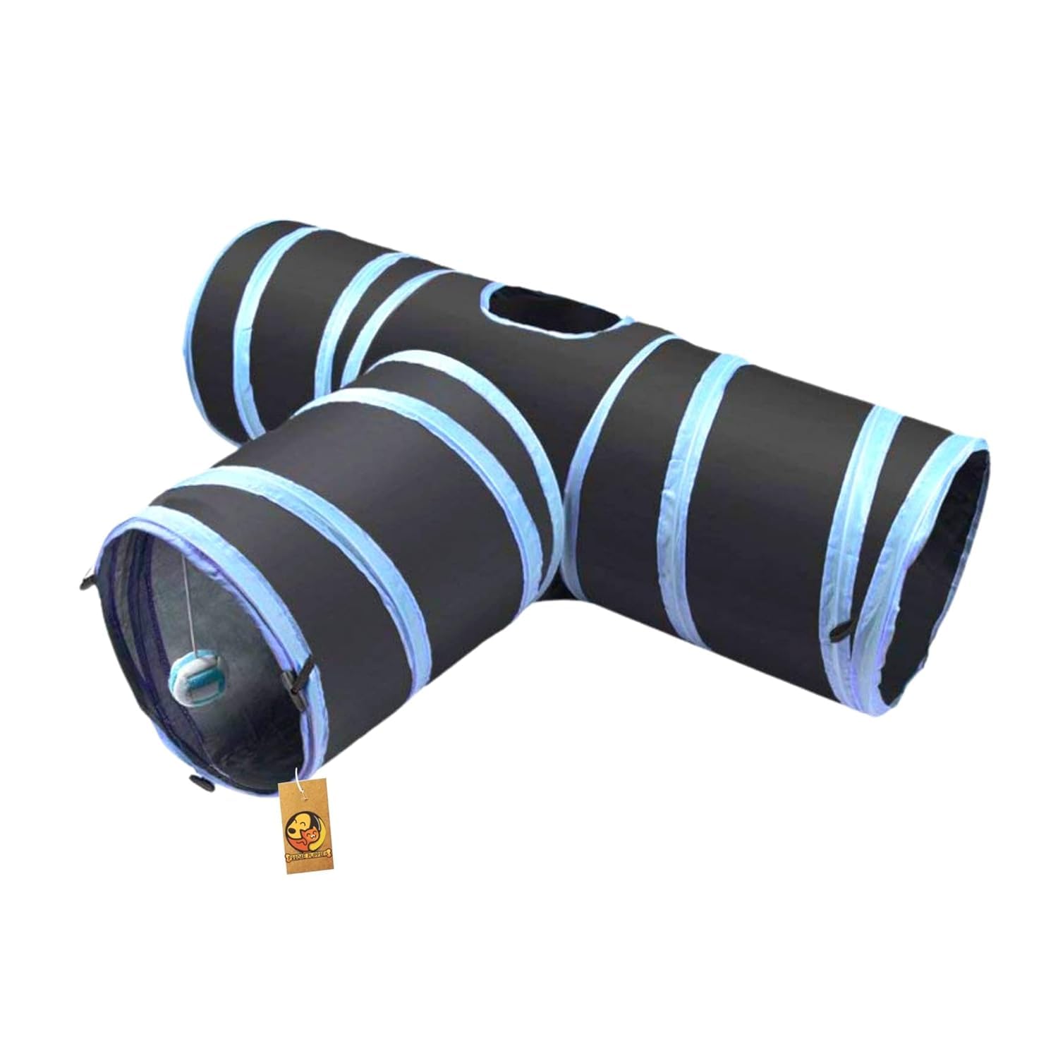 Foodie Puppies Interactive Foldable Hiding 3Way Cats Tunnel With Hanging Ball (Blue, TShape Tunnel) | Maze Toy, Puzzle & Train