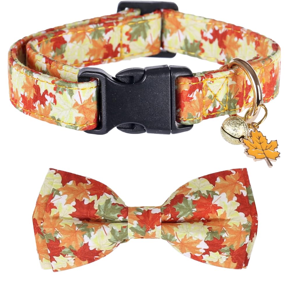 Thanksgiving Day Dog Collar Fall With Bowtie And Bell Autumn Holiday Adjustable Pet Collars For Dogs (Maple Leaf,Large)