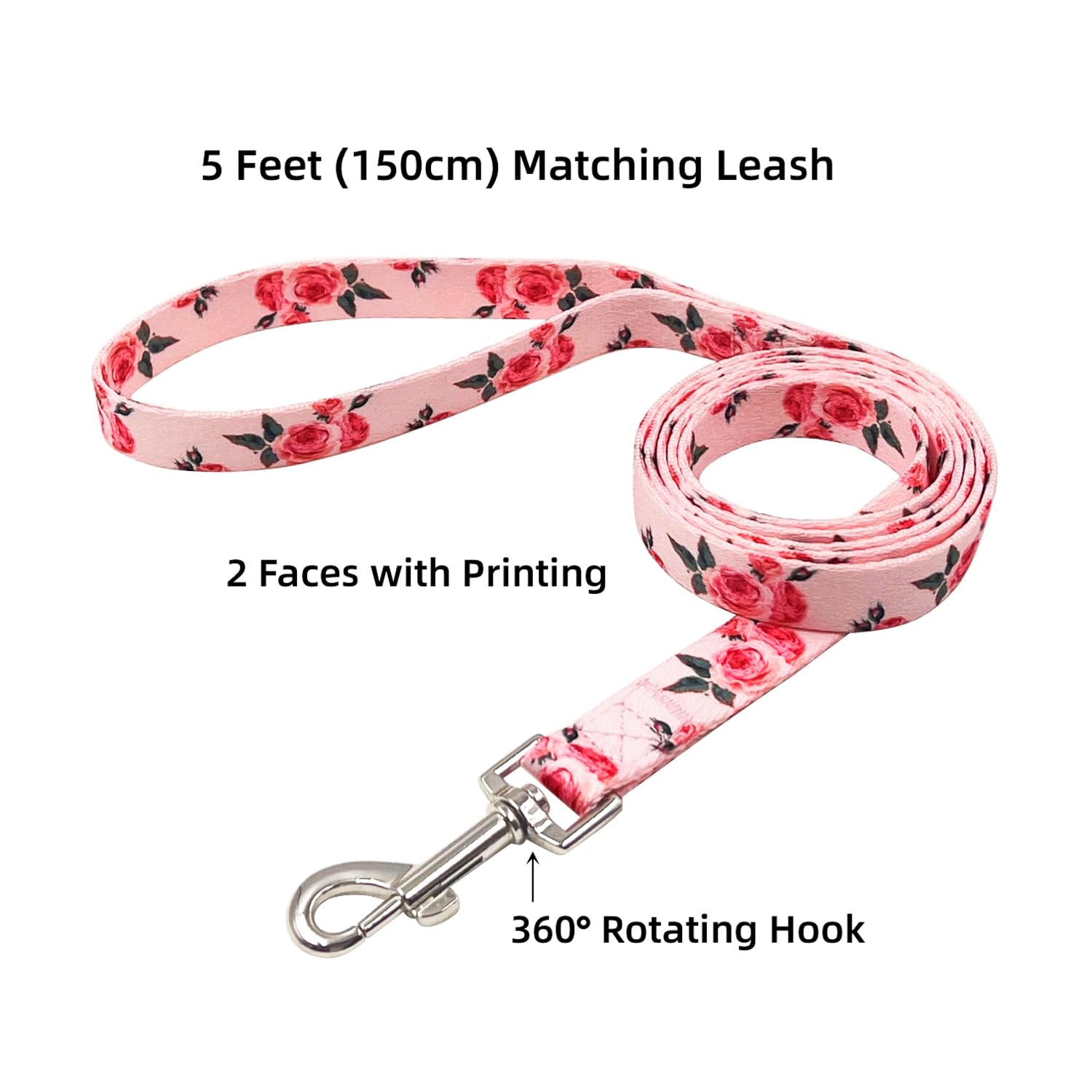 Olahibi Dog Collar And Leash Set, Cute Rose Pattern, Polyester Material, 5Ft Leash, For Medium Dogs.(Medium,Pink Rose)