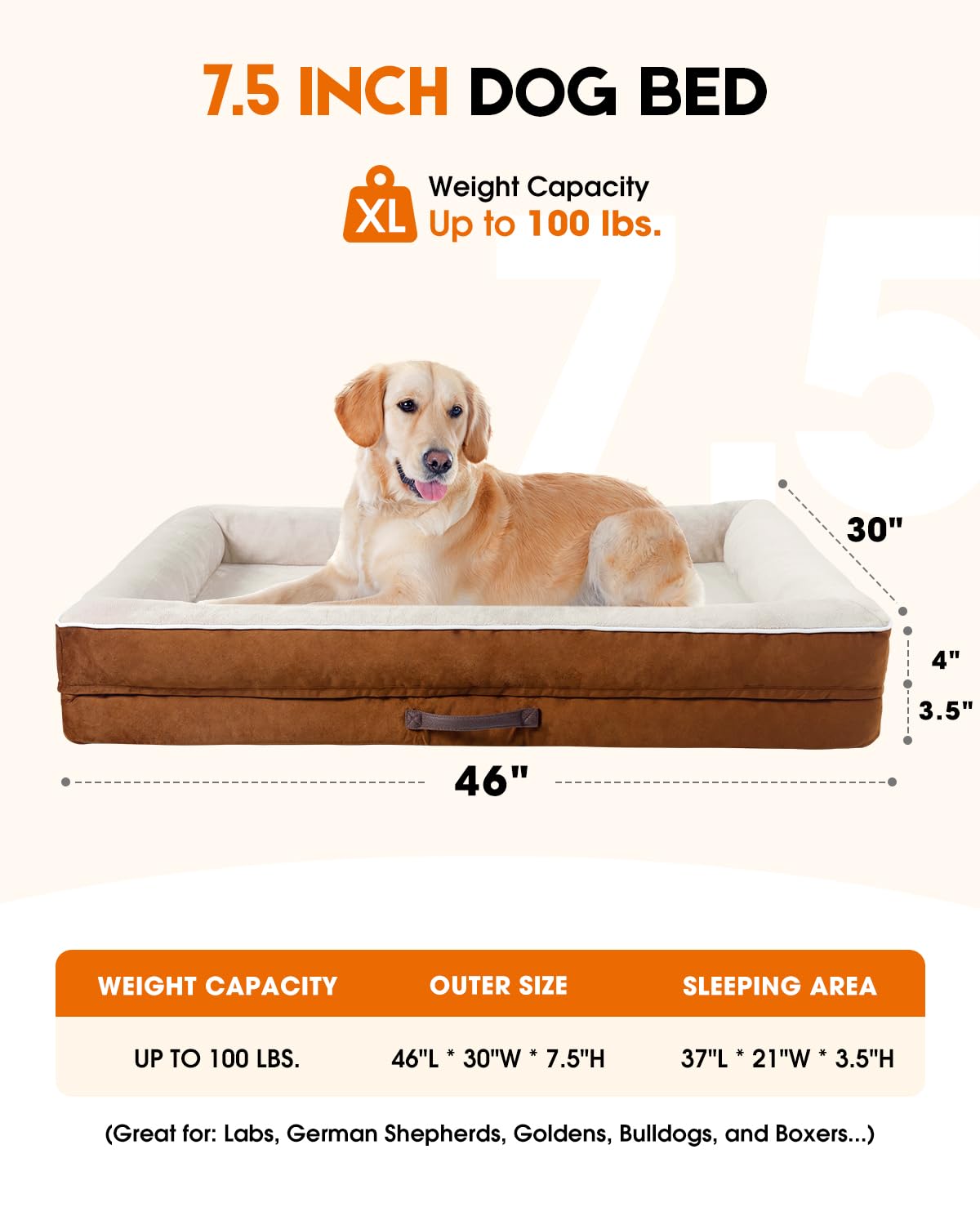 Orthopedic X-Large Dog Bed, Egg Foam Couch With Removable Washable Cover - Waterproof, Non-Slip, Four-Sided Bolster Dogs Bed, Br