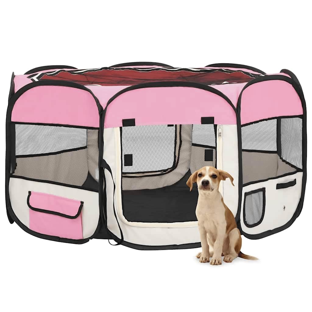vidaXL Foldable Dog Playpen - Lightweight Pet Play Area with Carrying Bag - 49.2x49.2x24 - Pink and Cream