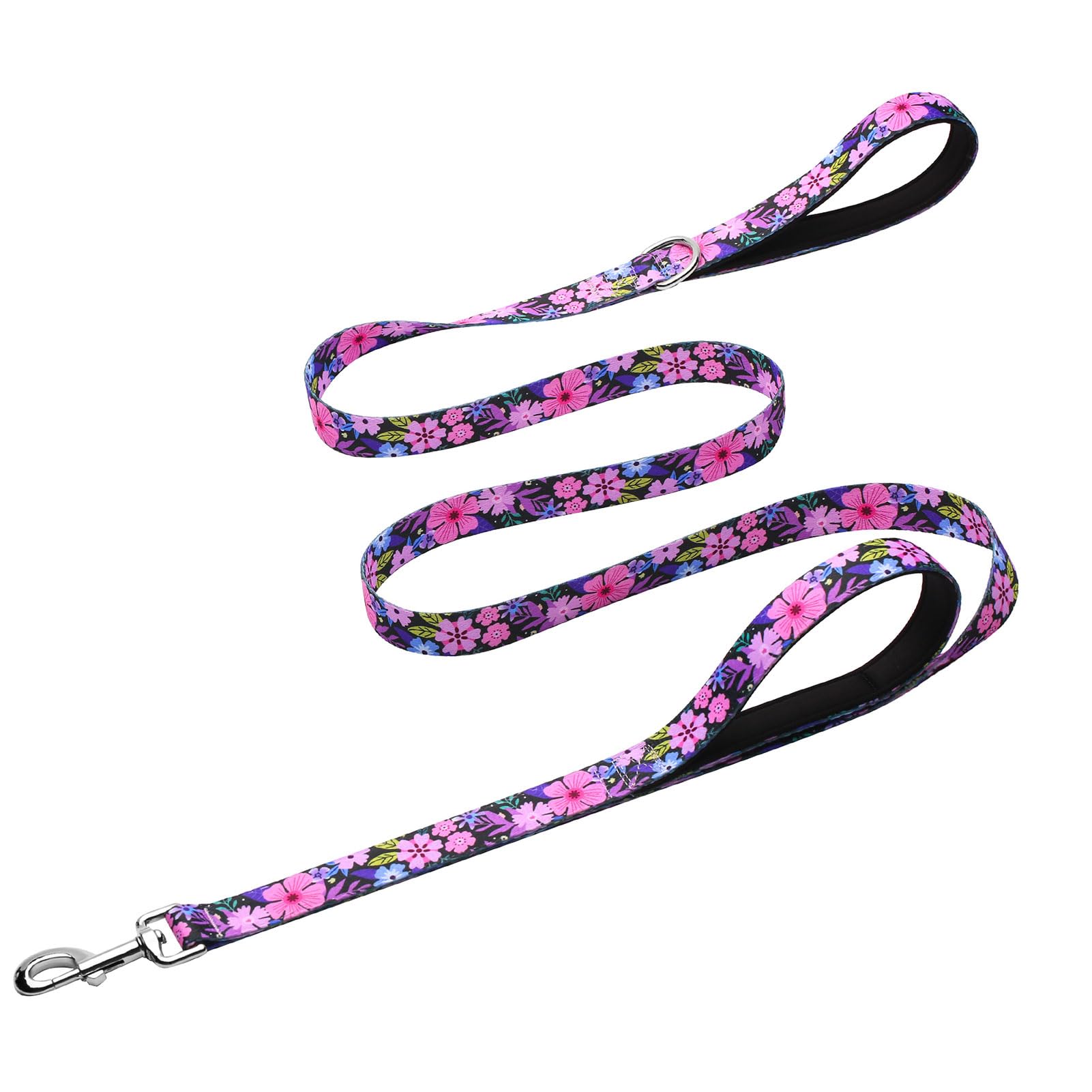 Hikiko Cute Girl Double Handle Dog Leash 6 Foot Padded Traffic Handles For Walking Training (Pinkish-Purple Floral, 6Ft)