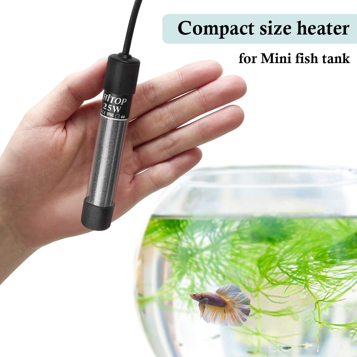 Hitop Mini Submersible Aquarium Heater - 25W 50W 100W 200W 300W Small Heater For Fish Tank 1-70 Gallon With Controller (25W)