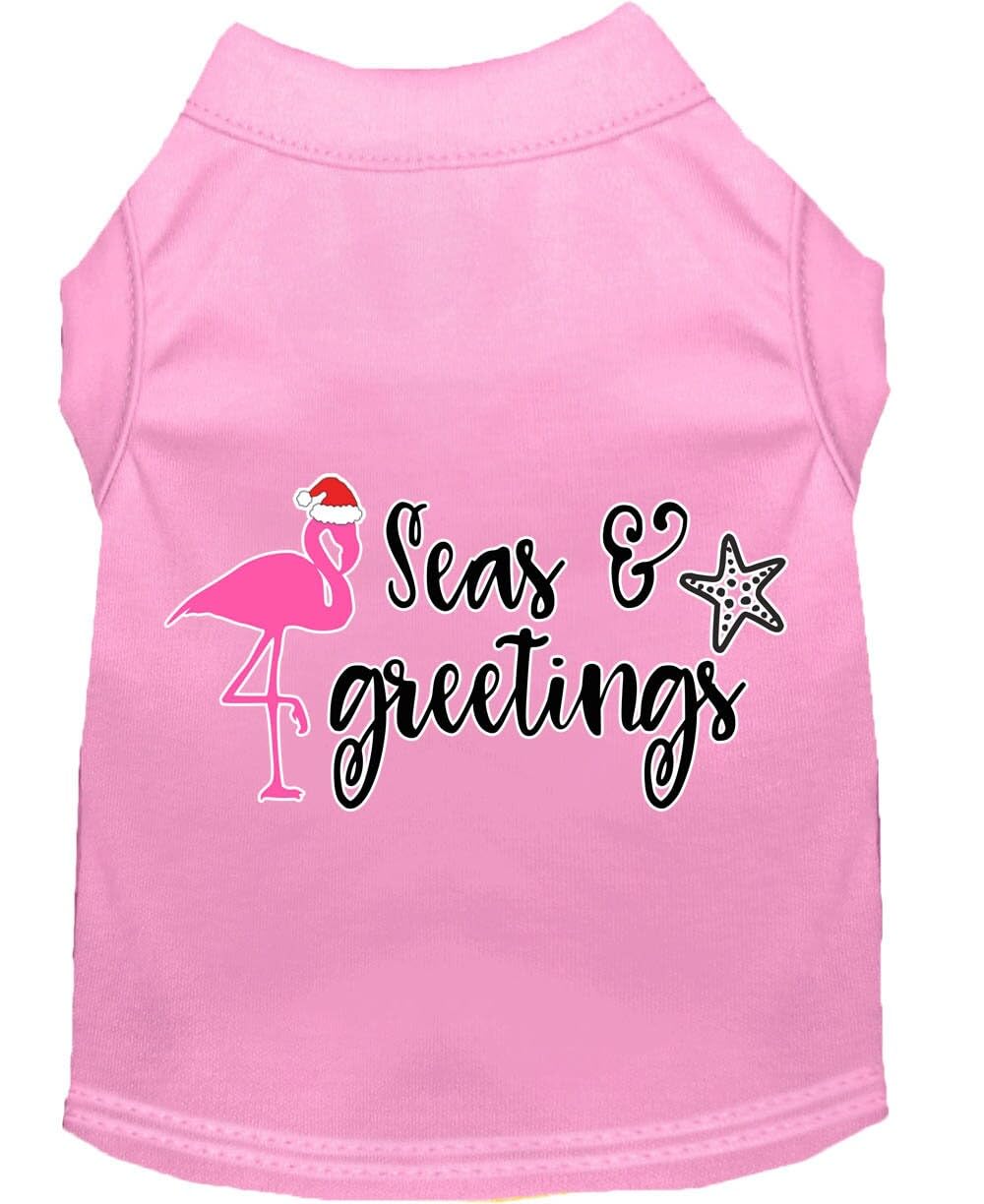 Christmas Pet Dog & Cat Shirt Screen Printed, "Seas and Greetings" Bright Pink SM (3-6 lbs.)