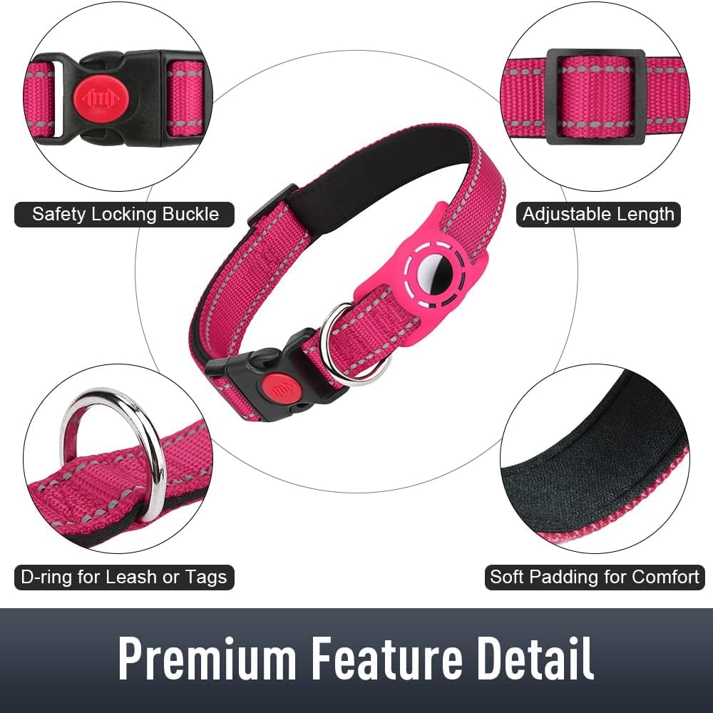 Erbine Airtag Dog Collar For Large Dogs, Reflective Dog Collars With Airtag Holder, Soft Padded & Safety Locking Buckle, Nylon Pet Collar Adjustable For All Breeds, Hotpink