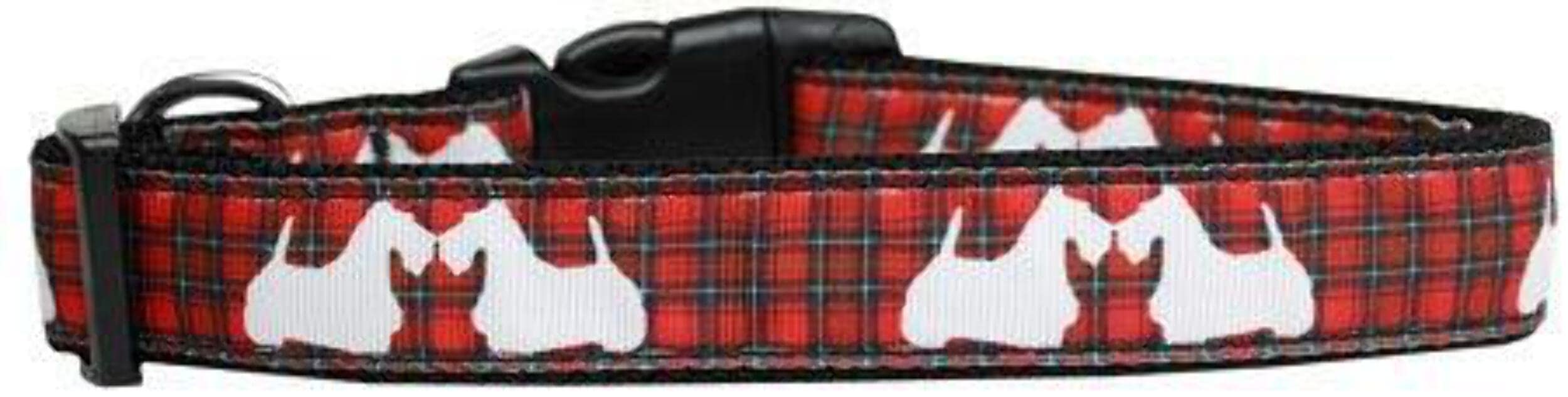 Pet Dog & Cat Nylon Collar or Leash, "Red Plaid Scotty Pups" MD Narrow Collar