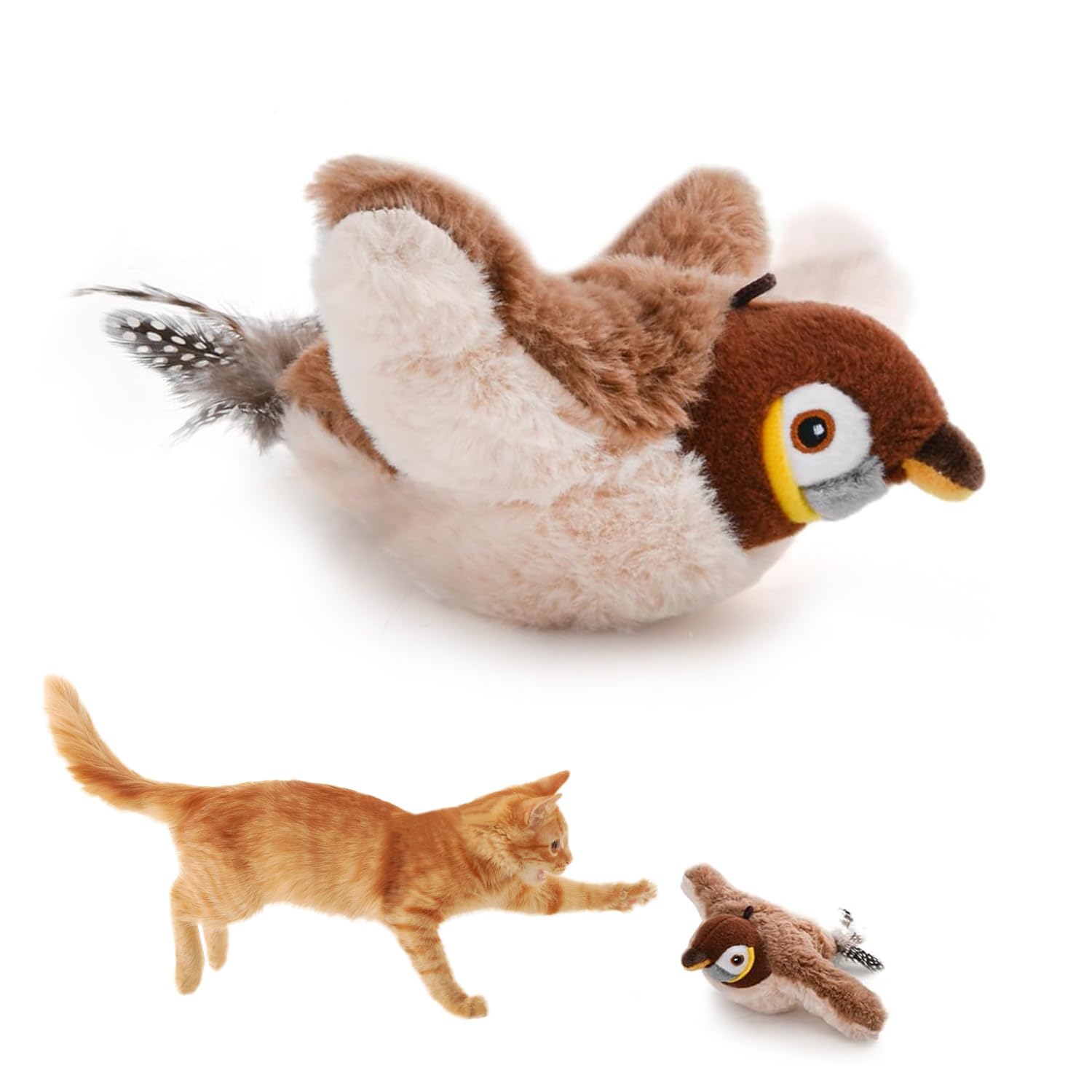 Paw N Pet Interactive 3 Mode Flapping Wings Bird Cat Toy With Catnip  For Cats & Kittens I Chirping Sparrow Sound Plush Toys Fo