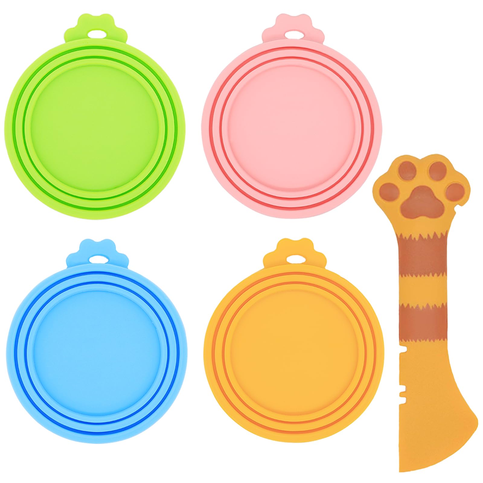 IVIA PET Food Can Spoon & Lids, One Multi-Functional Opener Spatula, 4 PCS BPA Free Silicone Universal Can Covers, Cute Paw Shap