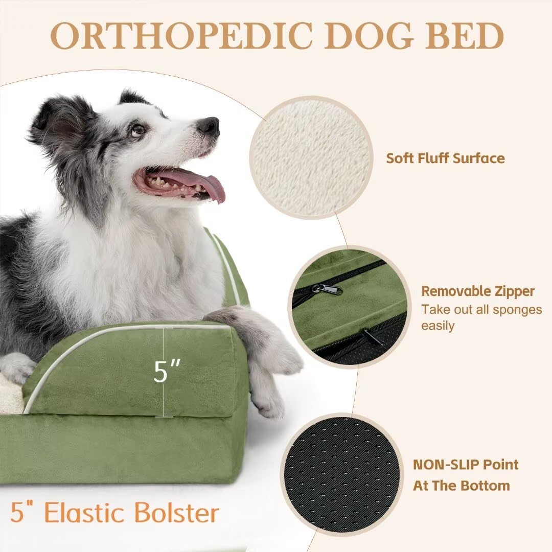 Comfort Expression Orthopedic Dog Bed For Jumbo Breed Large Dogs, Jumbo Dog Bed Waterproof, Pv Washable Dog Sofa Bed With Removable Cover & Non-Slip Bottom(Jumbo,Light Green)