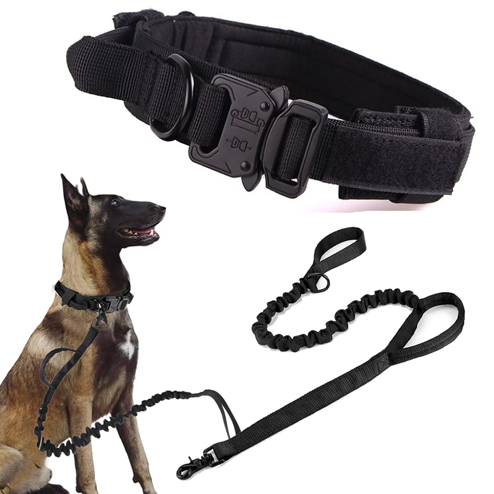 Tactical Dog Collar And Leash Set Tactical Dog Collar With Handle Bungee Leash Adjustable Military Training Nylon Collar Dog Training Collar Leash Set With Control Handleand Metal Buckle (Black Xxl