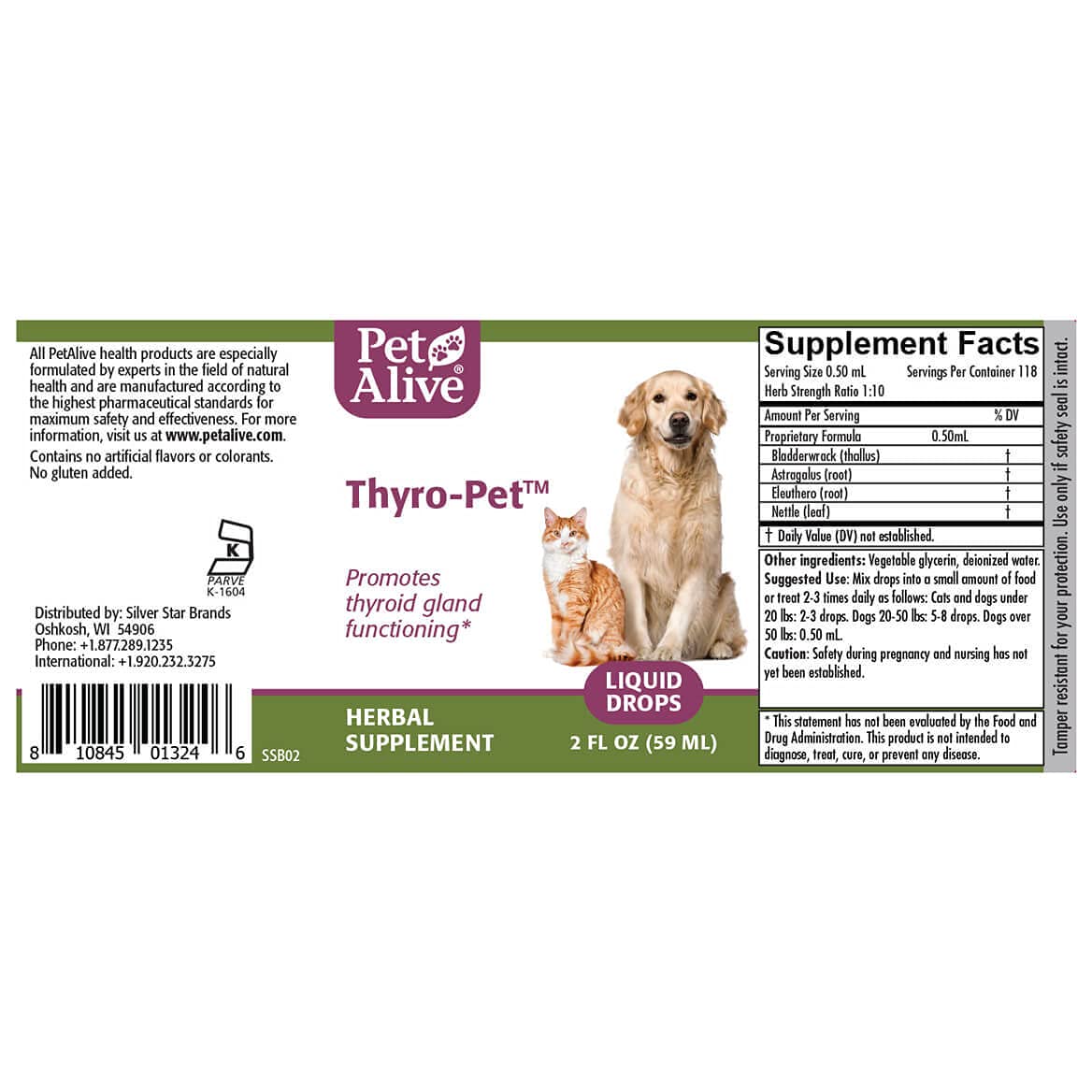 PetAlive Thyro-Pet Herbal Supplement for Dogs & Cats - Promotes Thyroid Function, One Size Fits All, Model PTYP001