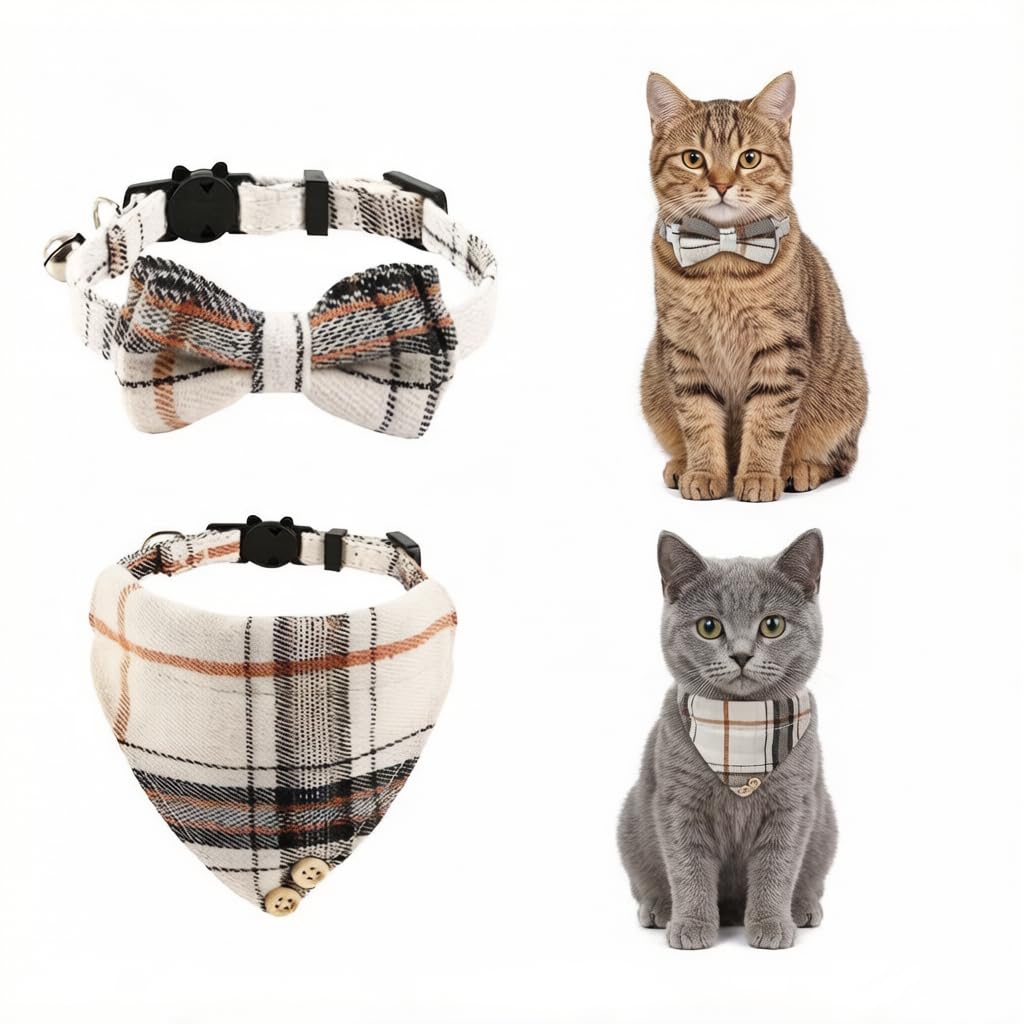 British Style Plaid Cat Collar With Bow Tie & Bell  2 Pack Adjustable Breakaway Kitten Collar Set, Beige Check Pattern Polyeste