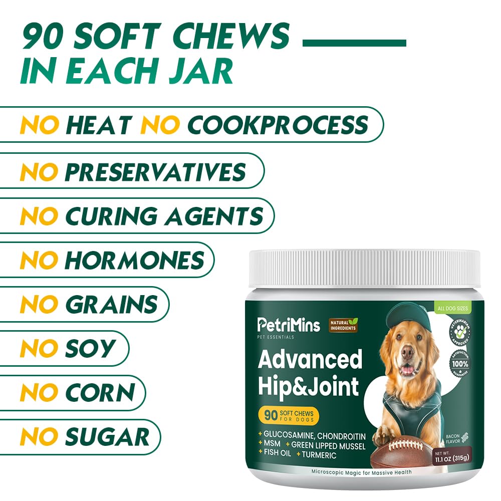PetriMins Advanced Hip & Joint Supplement for Dogs with Glucosamine and Chondroitin, for Dogs Glucosamine, Organic Turmeric, Egg