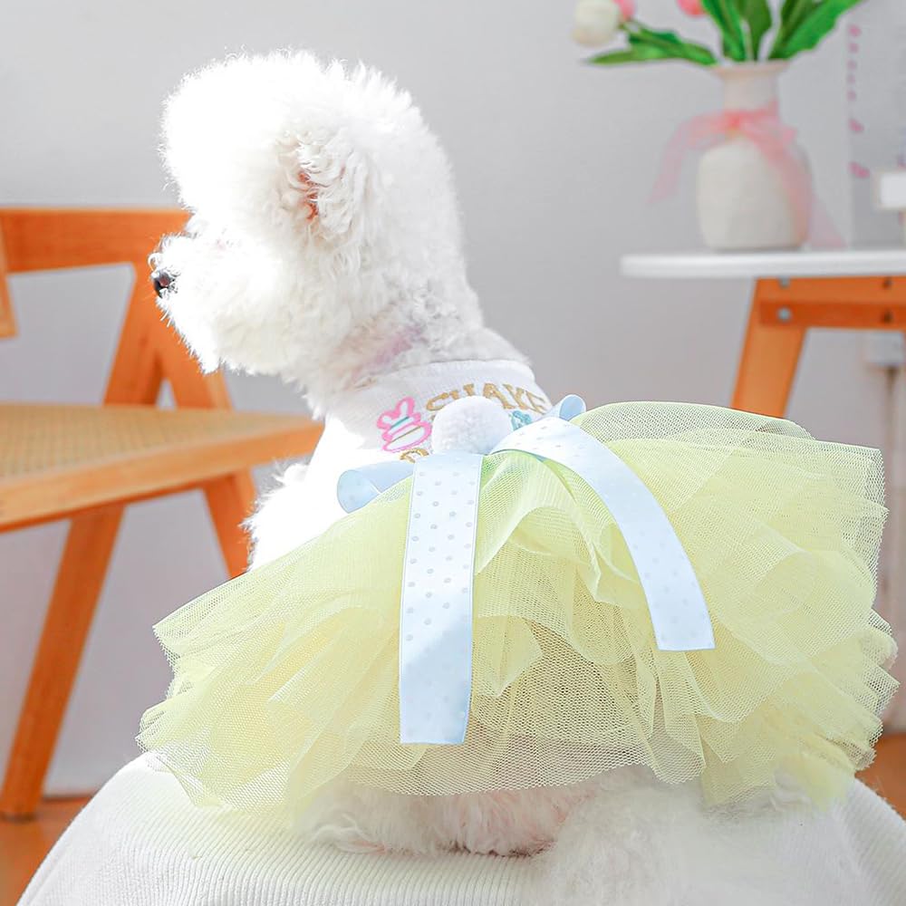 Anelekor Dog Easter Outfit With Embroidered Bunny Patterns And Cute Pompom Holiday Puppy Dress Bow Small Dog Tutu Cat Apparel Fa
