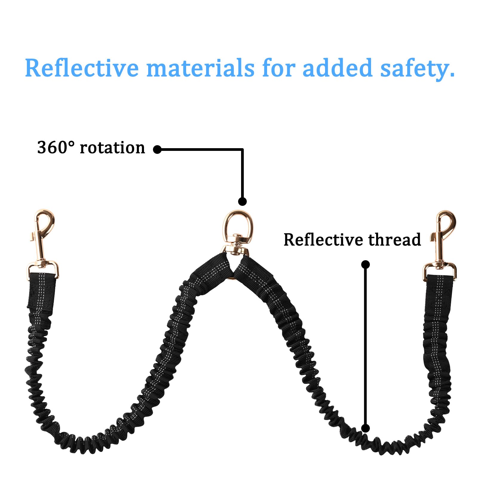 Dual Dog Leash,Double Dog 360 Swivel No Tangle Walking Leash,Comfortable Shock Absorbing Reflective Bungee For Two Dogs(Black)