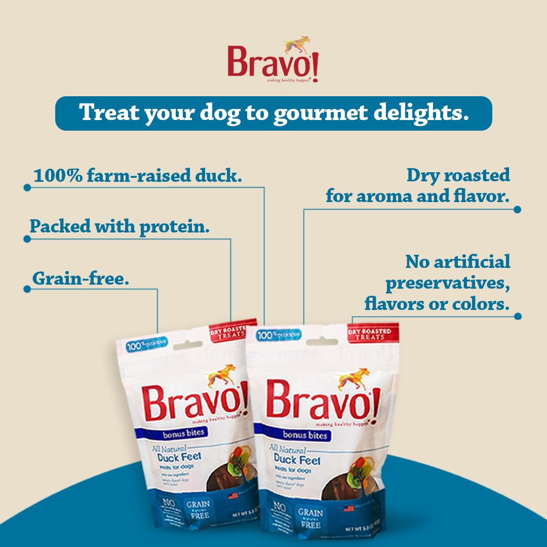 Bravo! Bonus Bites Single Ingredient Dry Roasted Dog Chews, Duck Feet, 5 Ounce, High Protein, Grain Free, Gluten Free
