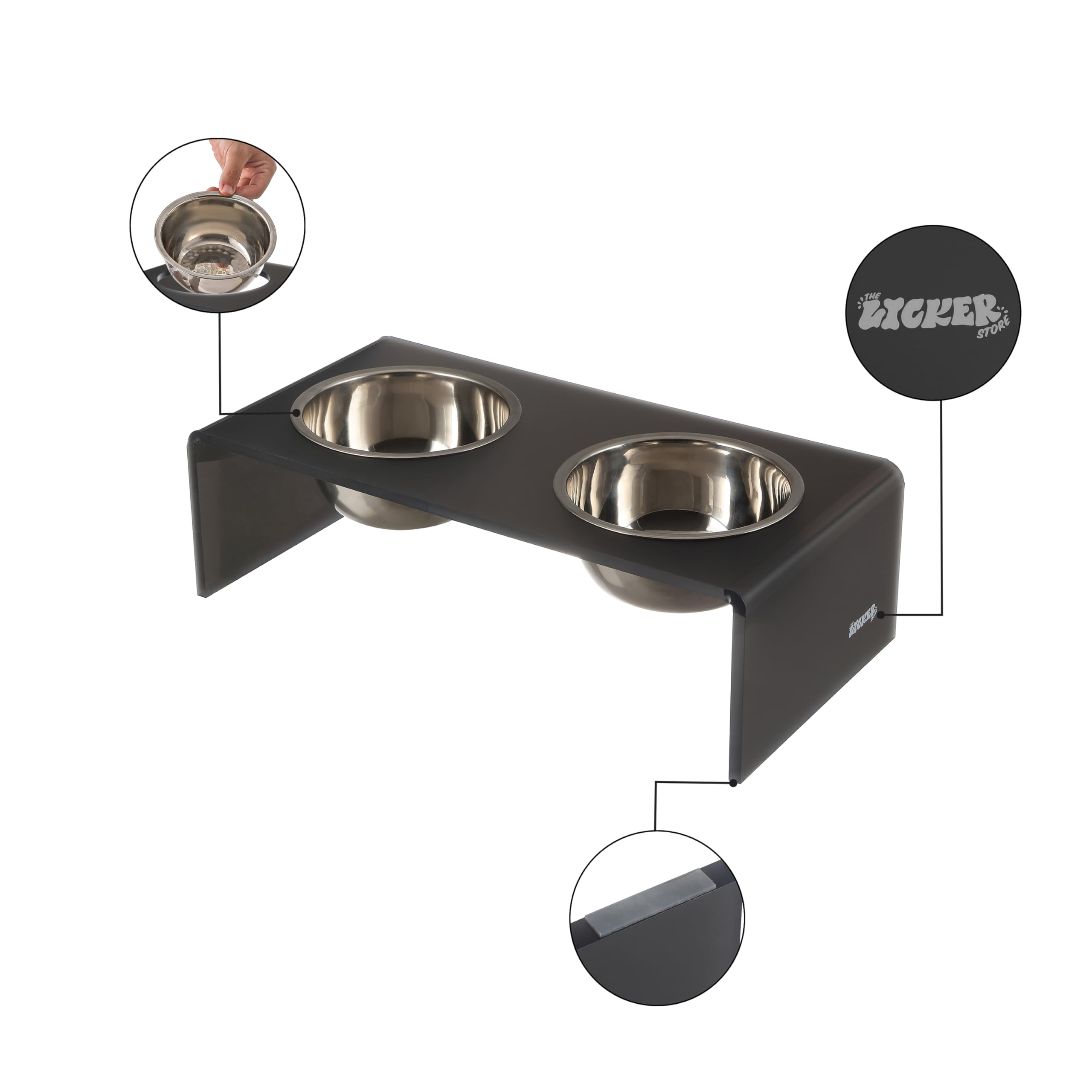 The LICKER Store DBL2000J Keaton 5 Small/Medium Modern Acrylic Rectangular Elevated Pet Feeder with 20oz 2-Stainless Steel Bowls